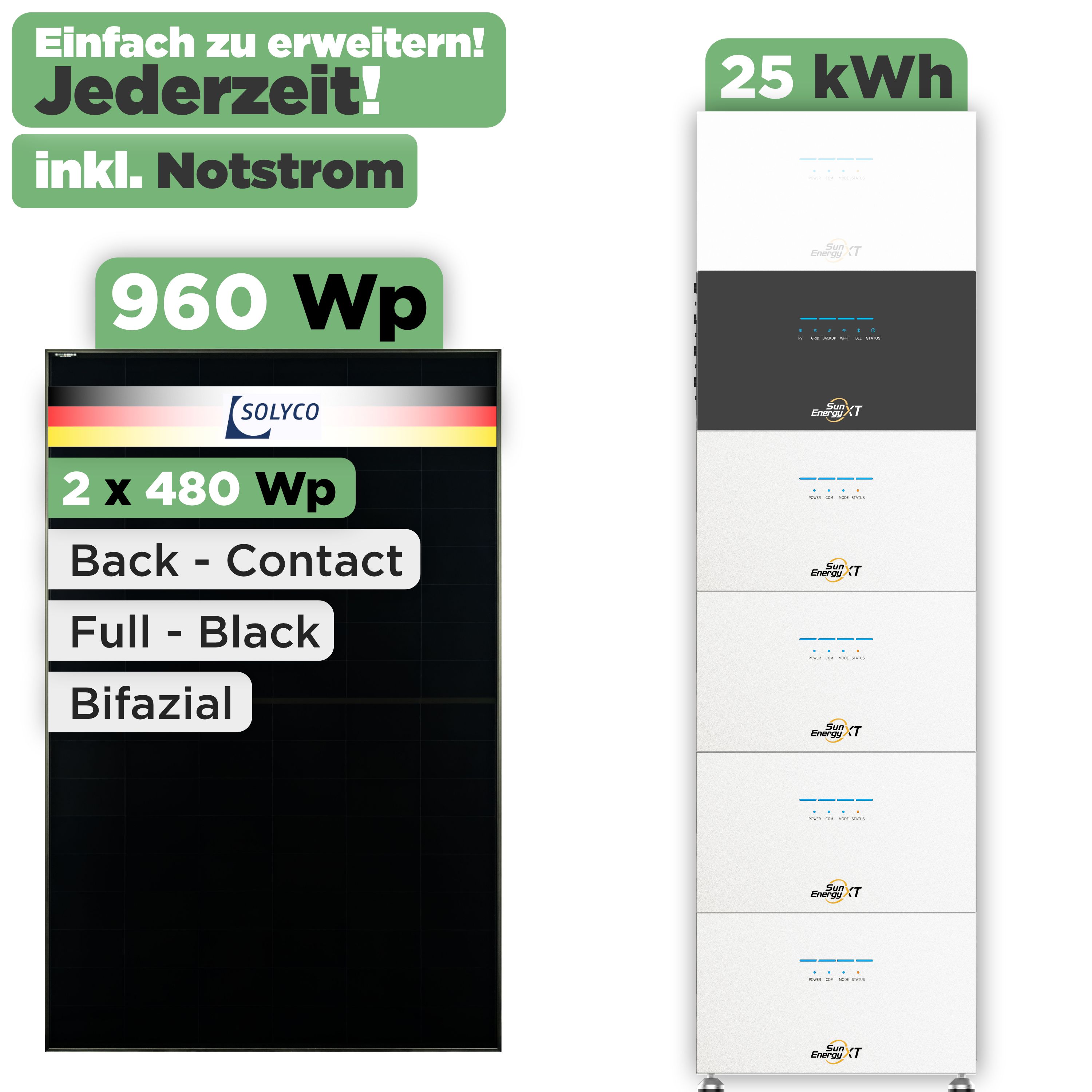 SunEnergyXT 500 Modulset 960 Wp SunEnergyXT 500 (800 W) / 25 kWh / Solyco 480 Wp / 2 Module