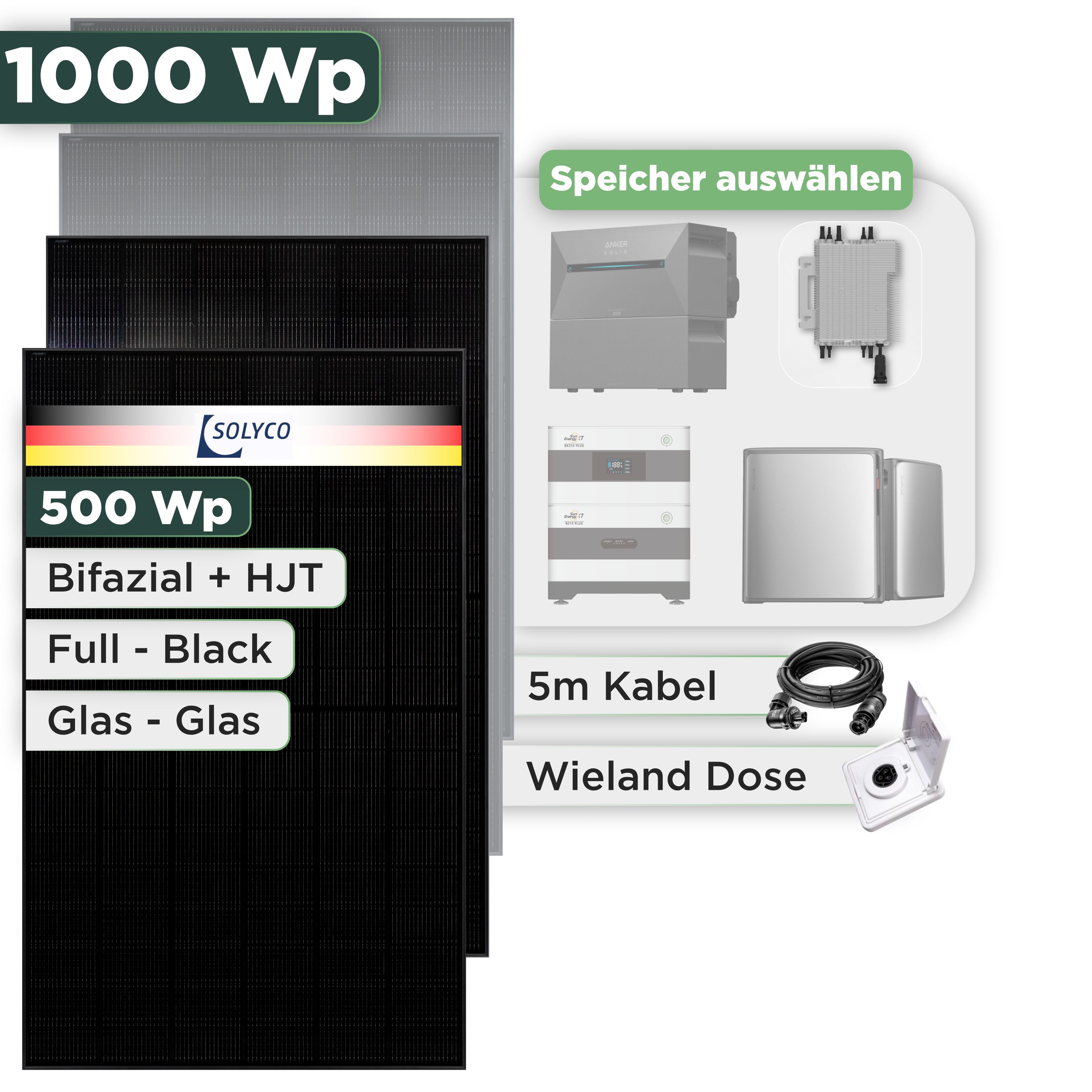 Balkonkraftwerk Set 1000 Wp Solyco 500 Wp Glas-Glas Fullblack-Modul Bifazial / 2 Module / Deye 2000 W / Wieland Stecker + Dose