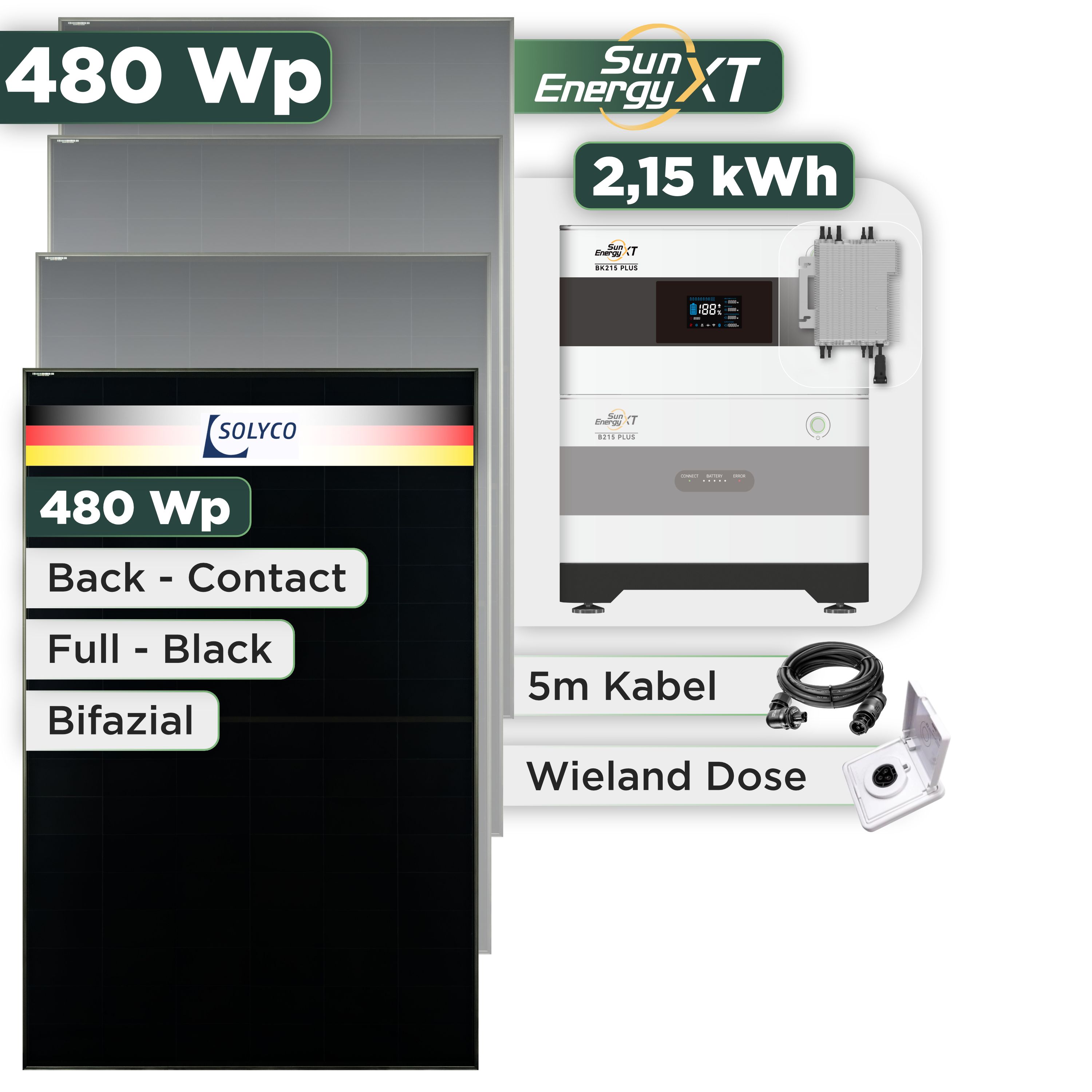 Balkonkraftwerk Set 480 Wp SunEnergyXT Plus / 2,15 kWh / Solyco 480 Wp Glas-Glas Fullblack Back Contact Modul / 1 Modul / Deye 2000 W / Wieland Stecker + Dose