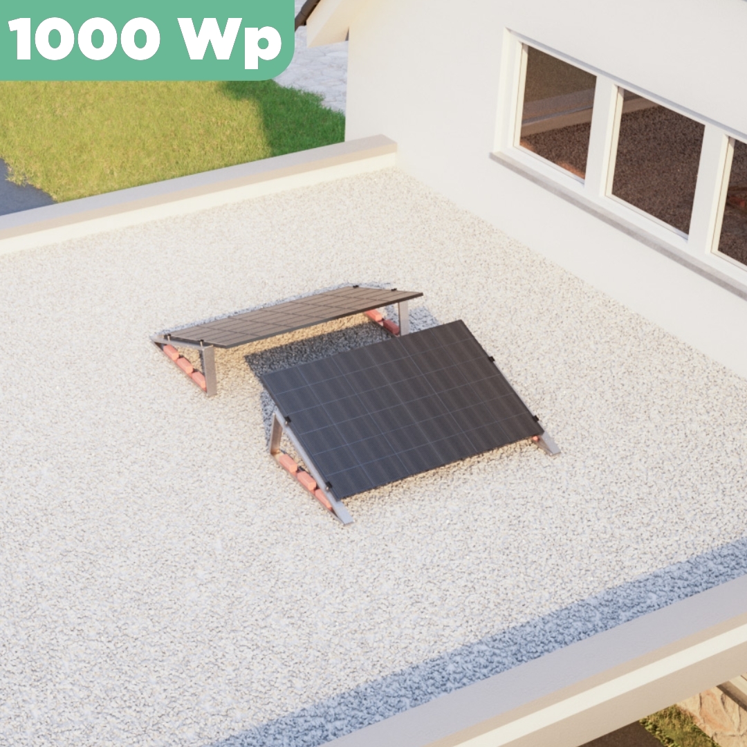 Balkonkraftwerk Flachdach 1000 Wp — APsystems EZ1-M 800 W / Trina Solar / 500 Wp (Glas-Glas Full Black) / Standard / zwei Reihen quer / 2 Module / 20 m