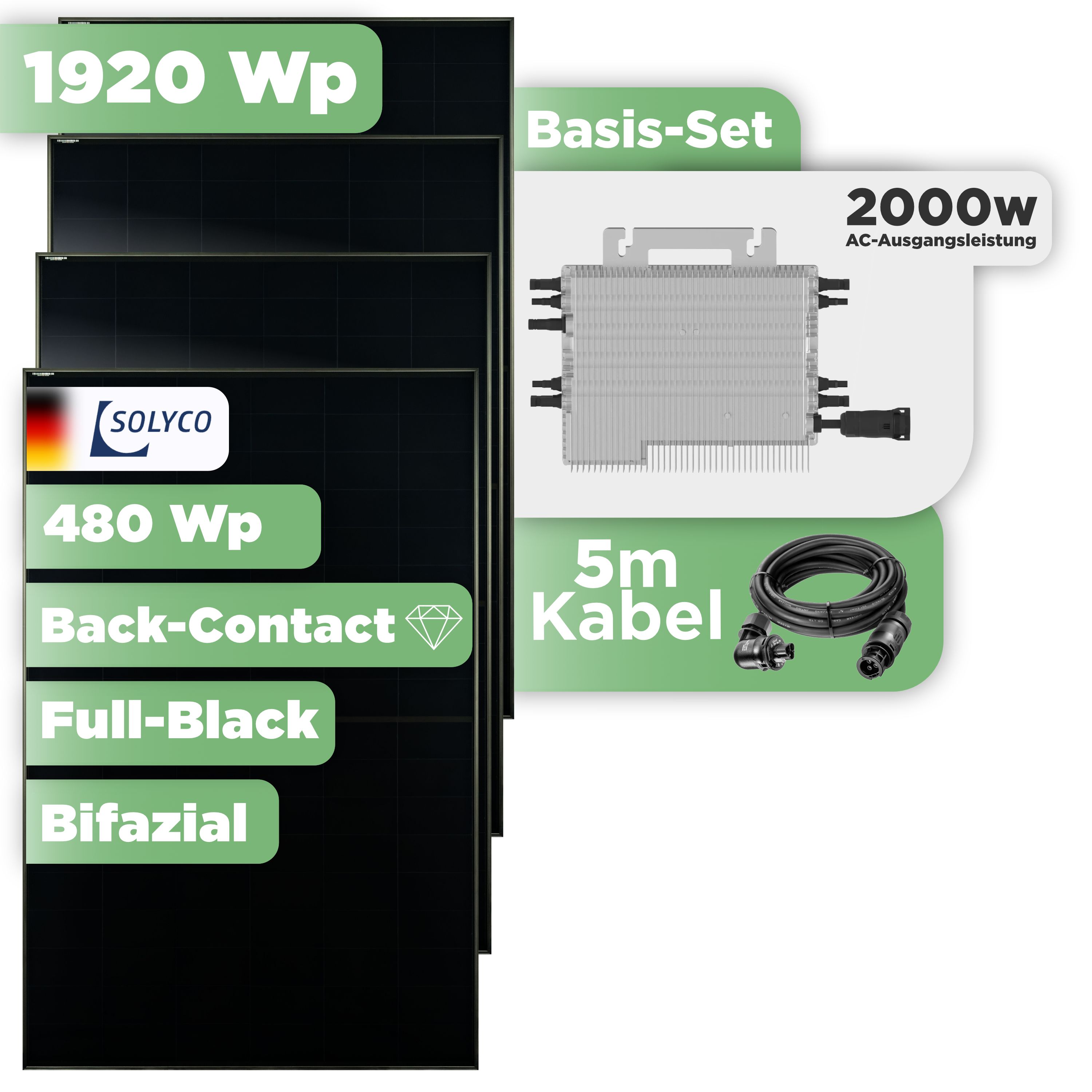 Balkonkraftwerk Basic Set 1920 Wp Solyco 480 Wp Glas-Glas Fullblack Back Contact Modul / 4 Module / Deye 2000 W / Wieland Stecker