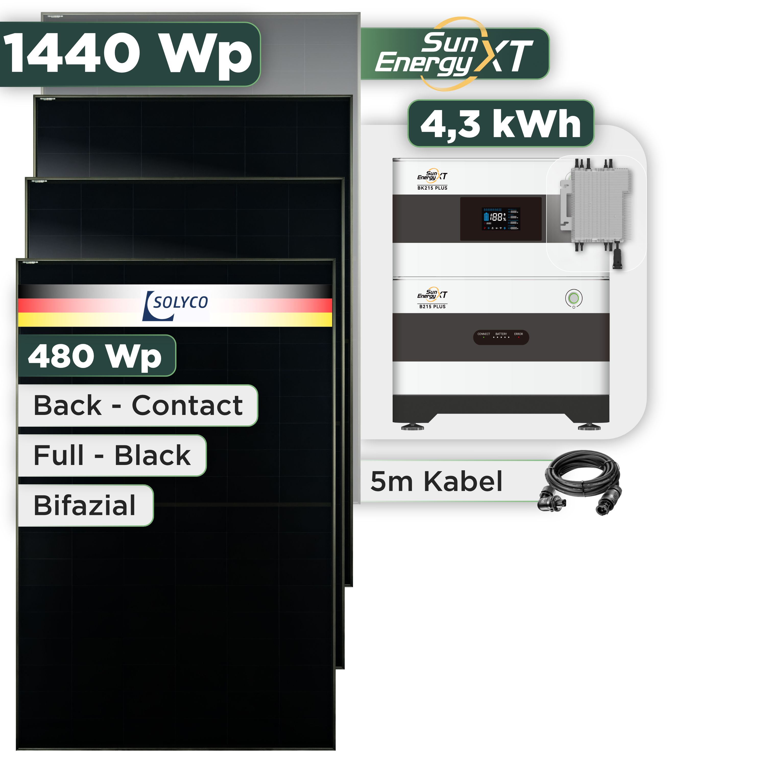 Balkonkraftwerk Set 1440 Wp SunEnergyXT Plus / 4,3 kWh / Solyco 480 Wp Glas-Glas Fullblack Back Contact Modul / 3 Module / Deye 2000 W / Wieland Stecker