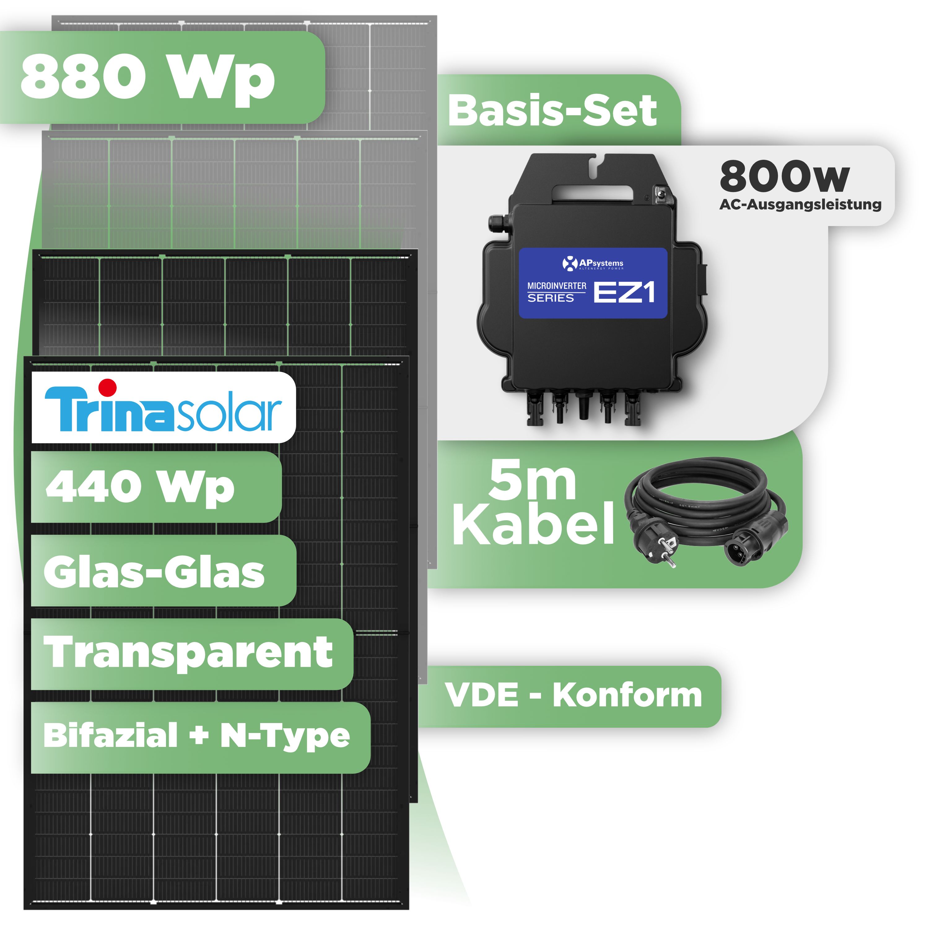 Balkonkraftwerk Basic Set 880 Wp Trina 440 Wp Glas-Glas Bifazial Modul / 2 Module / APSystems EZ1-M (bis 800 W) / Schuko Stecker