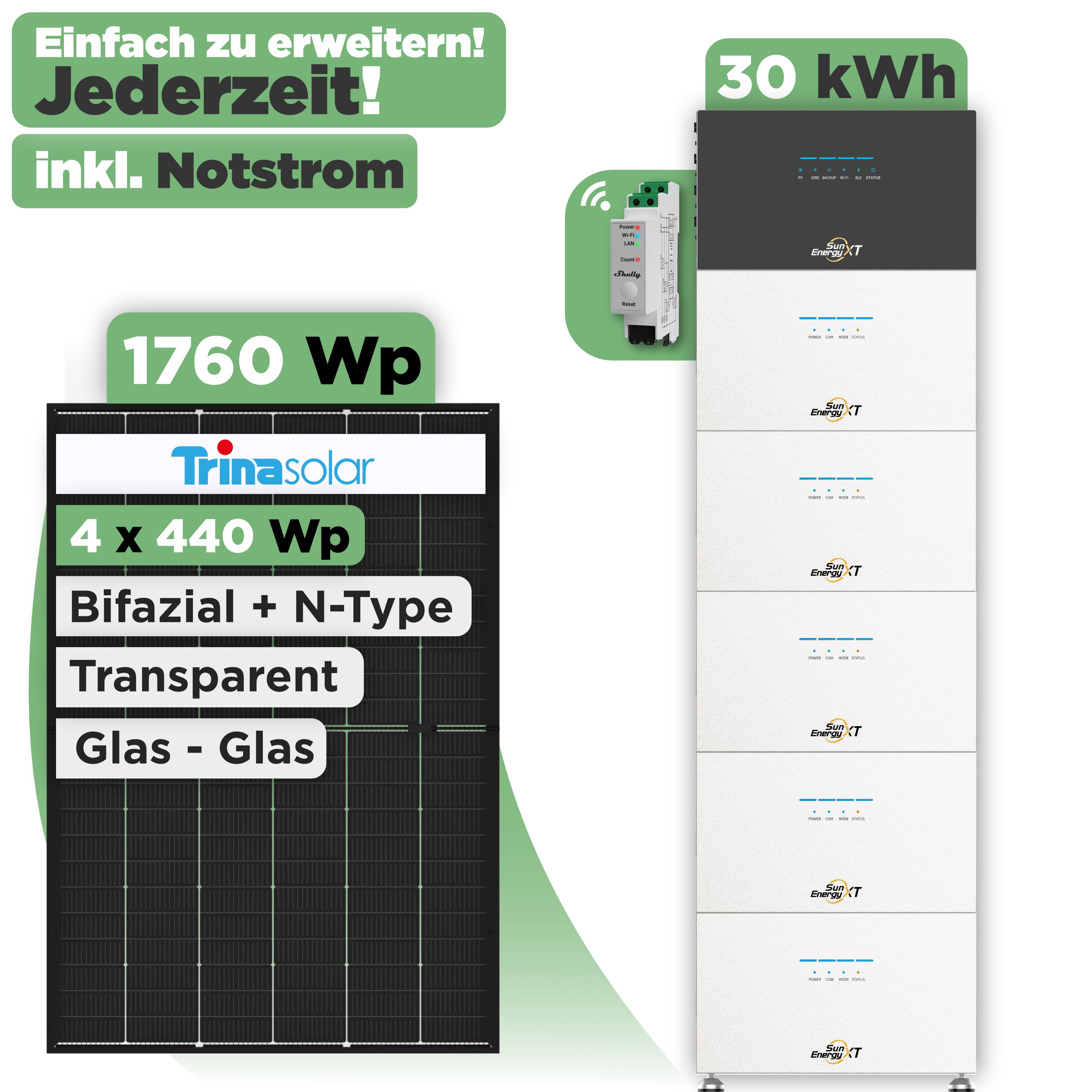 SunEnergyXT 500 Modulset 1760 Wp SunEnergyXT 500 (800 W) / 30 kWh / Shelly 3EM Pro / Trina 440 Wp / 4 Module