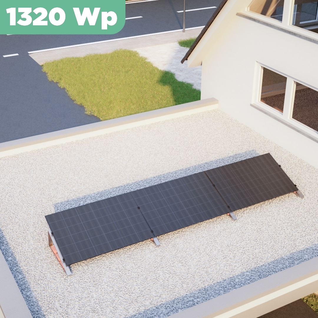 Balkonkraftwerk Flachdach 1320 Wp — APsystems EZ1-M 800 W / Trina Solar / 440 Wp (Glas-Glas + Bifazial) / Standard / eine Reihe quer / 3 Module / 20 m