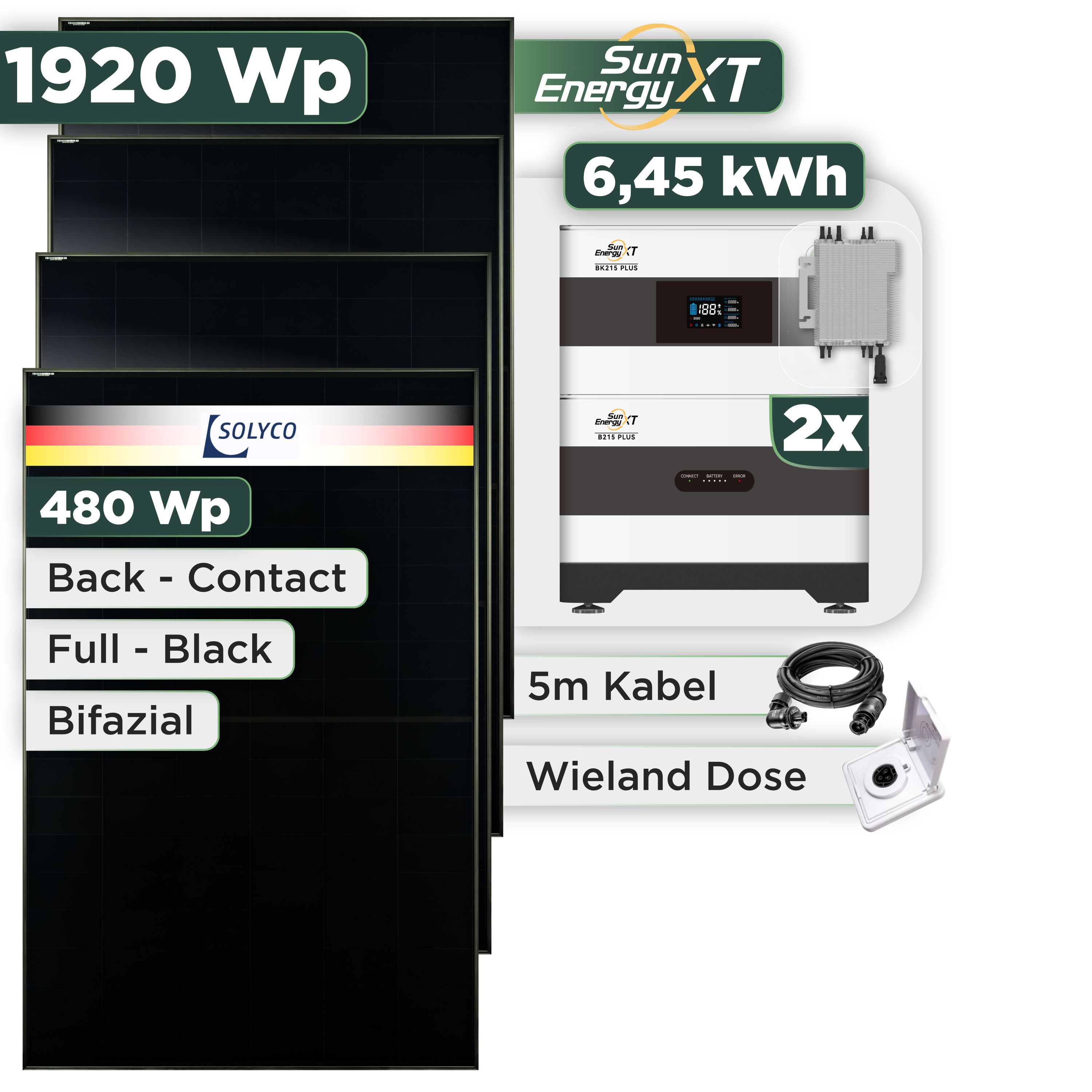 Balkonkraftwerk Set 1920 Wp SunEnergyXT Plus / 6,45 kWh / Solyco 480 Wp Glas-Glas Fullblack Back Contact Modul / 4 Module / Deye 2000 W / Wieland Stecker + Dose