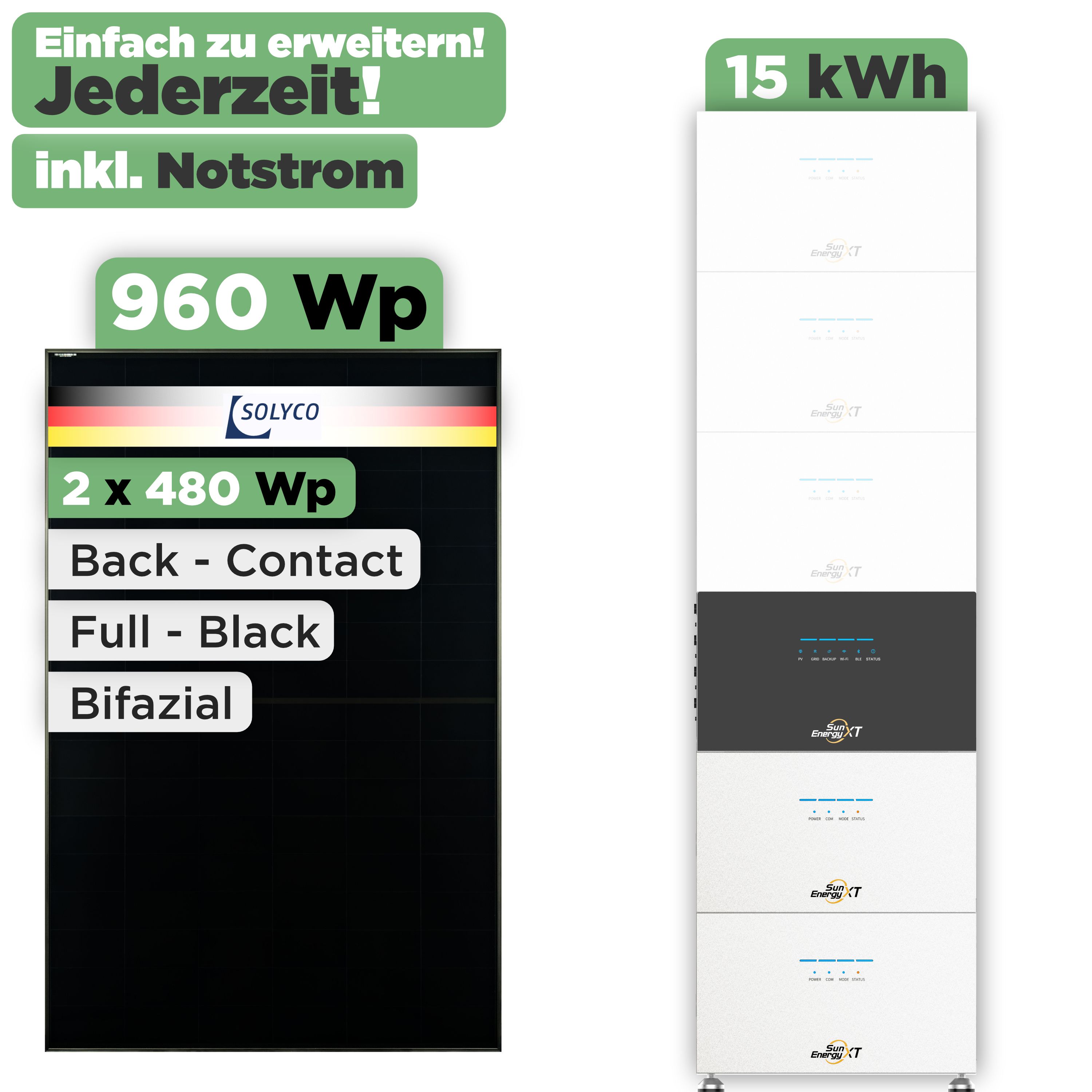 SunEnergyXT 500 Modulset 960 Wp SunEnergyXT 500 (800 W) / 15 kWh / Solyco 480 Wp / 2 Module