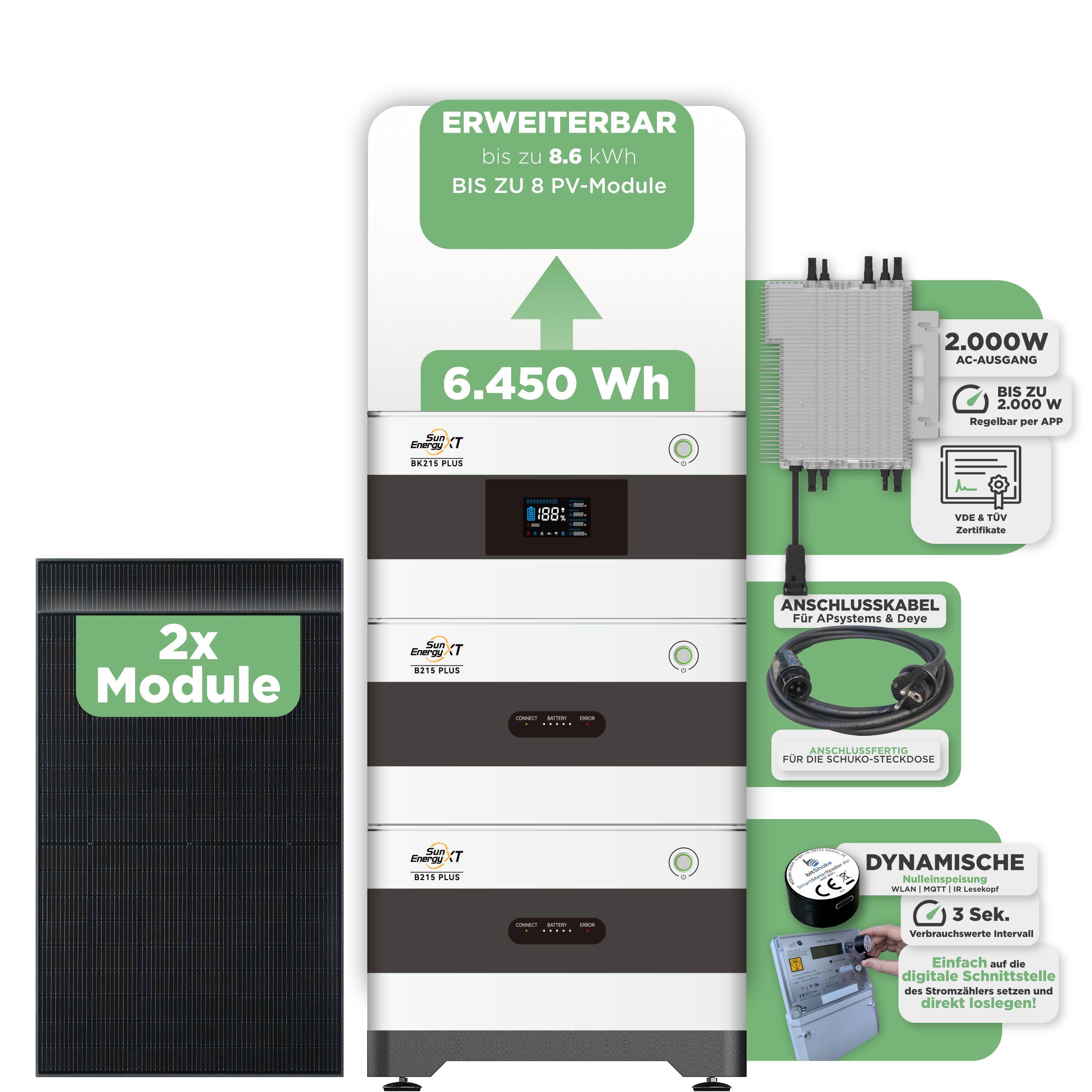 SunEnergyXT BK215 Plus Balkonkraftwerkspeicher 6.450 Wh / mit IR Lesekopf (bitshake) / 2000 W (Deye-SUN-M) / 15 m Schuko Kabel