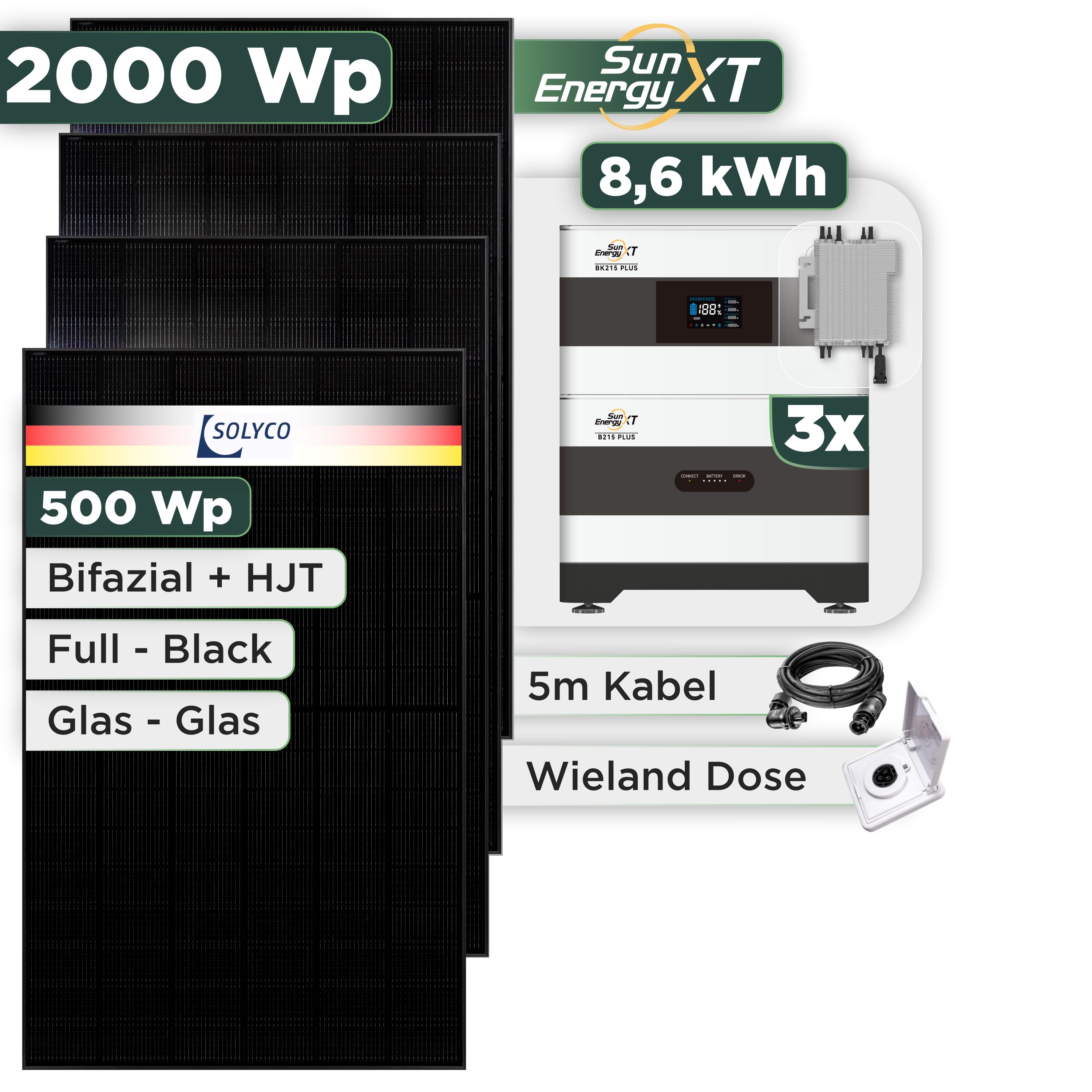 Balkonkraftwerk Set 2000 Wp SunEnergyXT Plus / 8,6 kWh / Solyco 500 Wp Glas-Glas Fullblack-Modul Bifazial / 4 Module / Deye 2000 W / Wieland Stecker + Dose