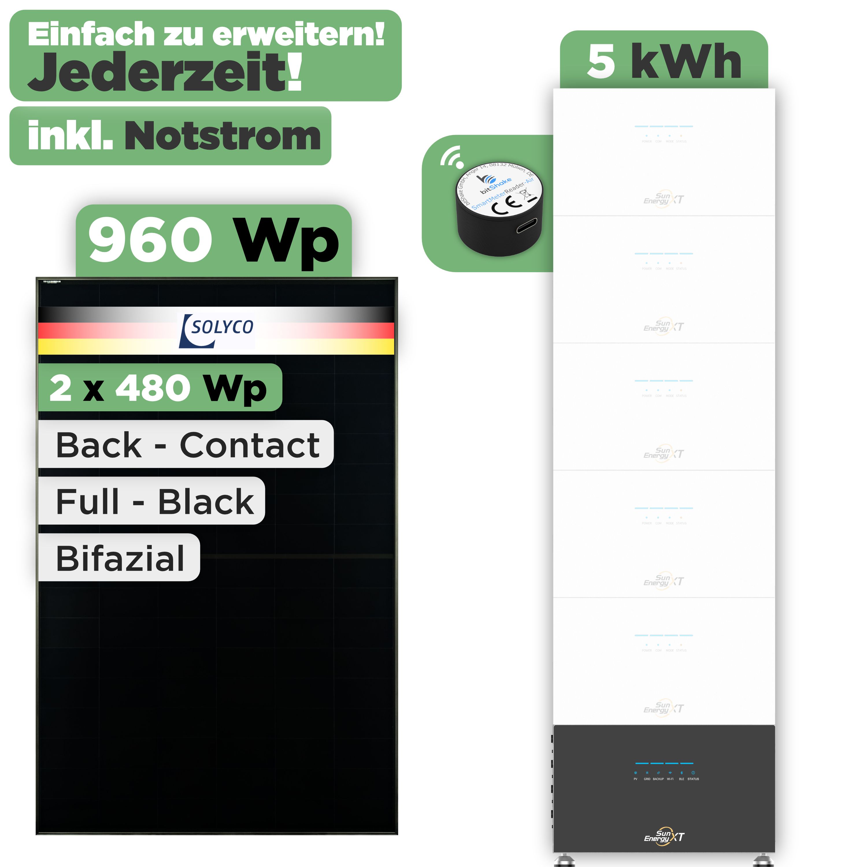 SunEnergyXT 500 Modulset 960 Wp SunEnergyXT 500 Pro (2400 W) / 5 kWh / IR Lesekopf / Solyco 480 Wp / 2 Module