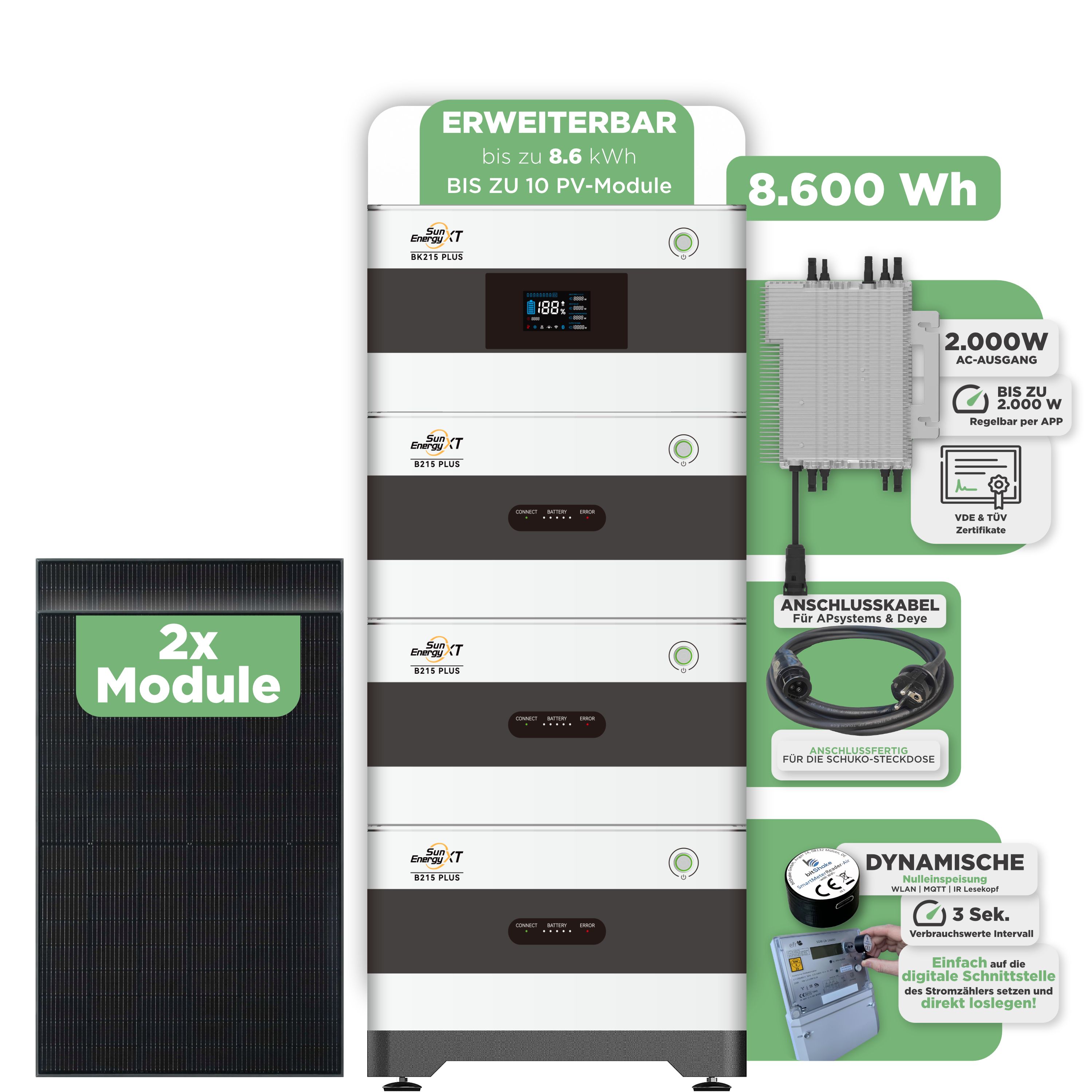 SunEnergyXT Balkonkraftwerkspeicher — 8.600 Wh / mit IR Lesekopf (bitshake) / 2000 W (Deye-SUN-M) / 5 m Schuko Kabel / 2 x Trina 440 Wp Bifazial
