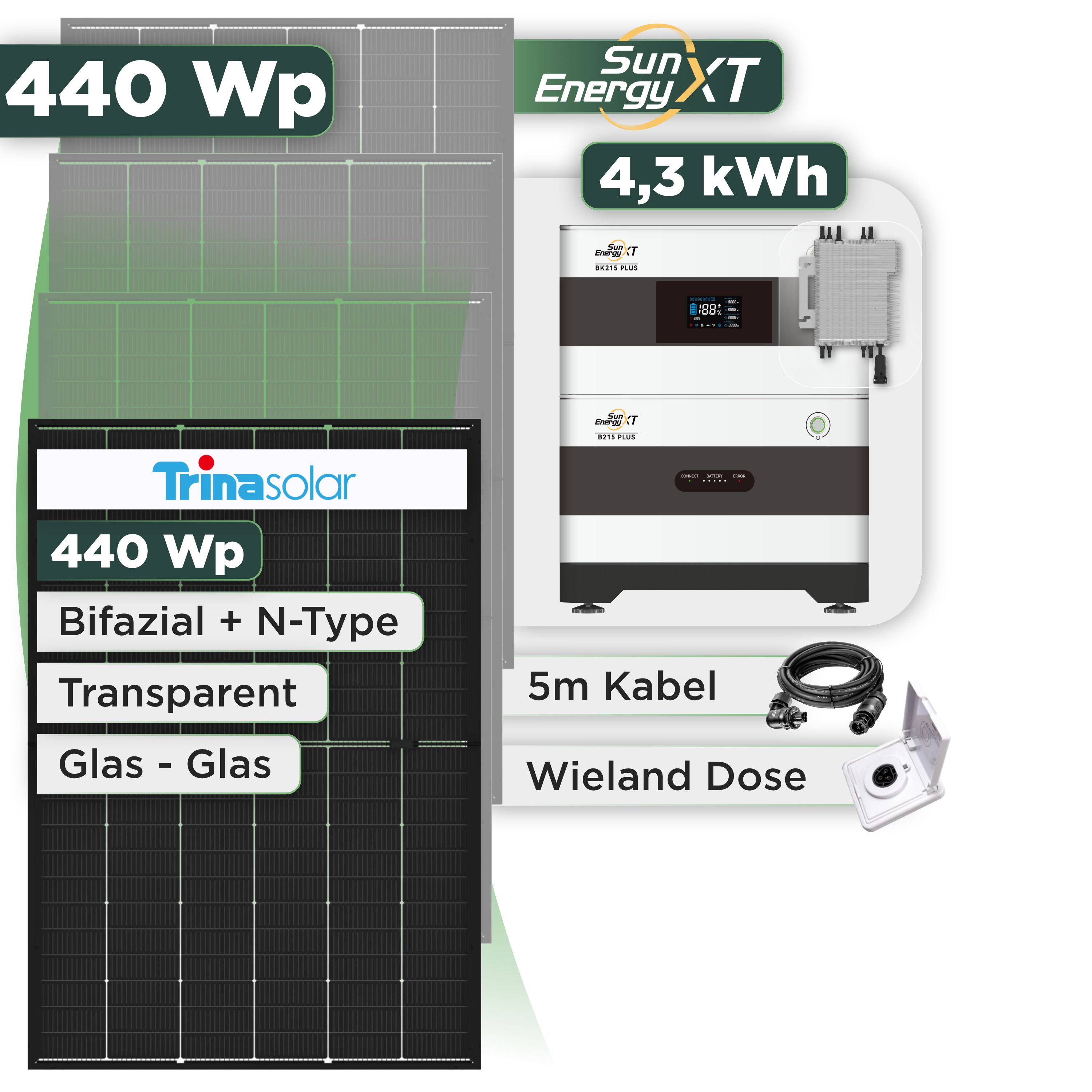 Balkonkraftwerk Set 440 Wp SunEnergyXT Plus / 4,3 kWh / Trina 440 Wp Glas-Glas Bifazial Modul / 1 Modul / Deye 2000 W / Wieland Stecker + Dose