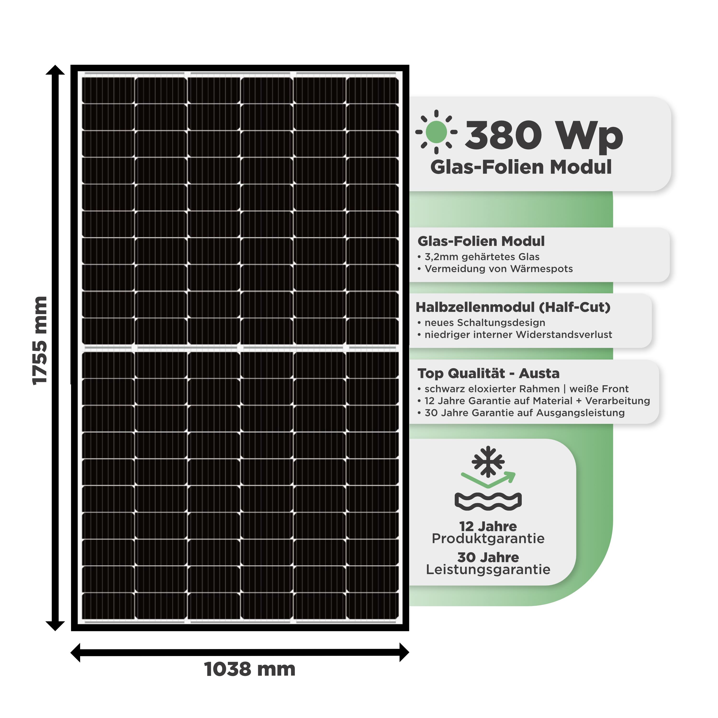 Sunlit Solar Starter Set (760 Wp Balkonkraftwerkset) — 2 x Austa 380 Wp Module + Deye 800 W Wechselrichter + 3 m Anschlusskabel