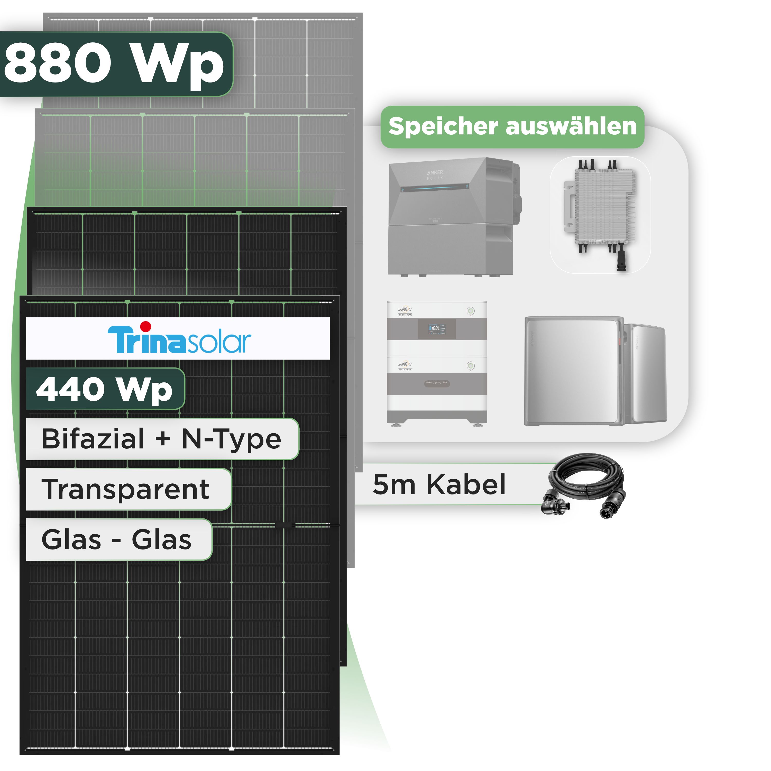 Balkonkraftwerk Set 880 Wp Trina 440 Wp Glas-Glas Bifazial Modul / 2 Module / Deye 2000 W / Wieland Stecker
