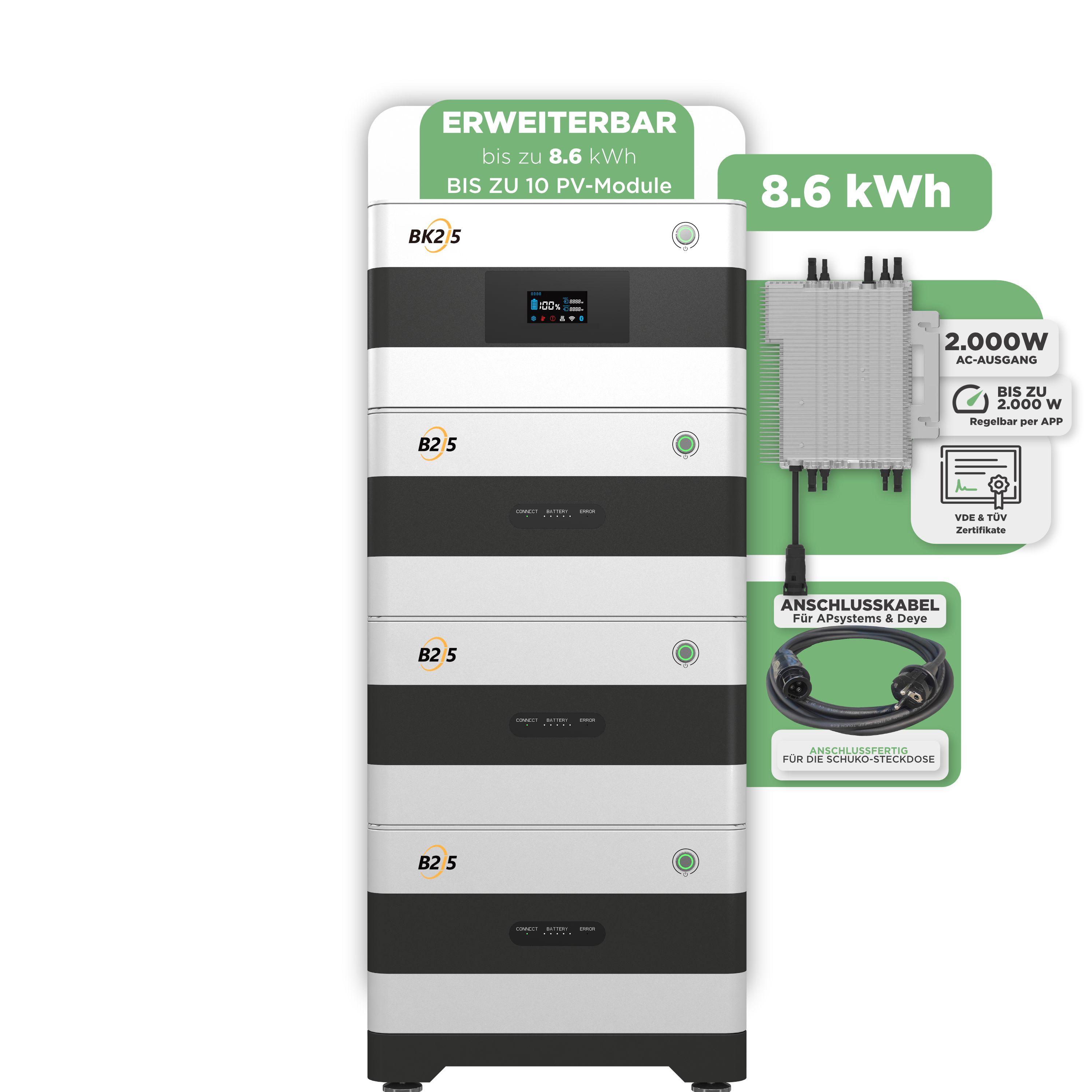 SunEnergyXT Balkonkraftwerkspeicher — 8.600 Wh / 2000 W (Deye-SUN-M) / 20 m Schuko Kabel