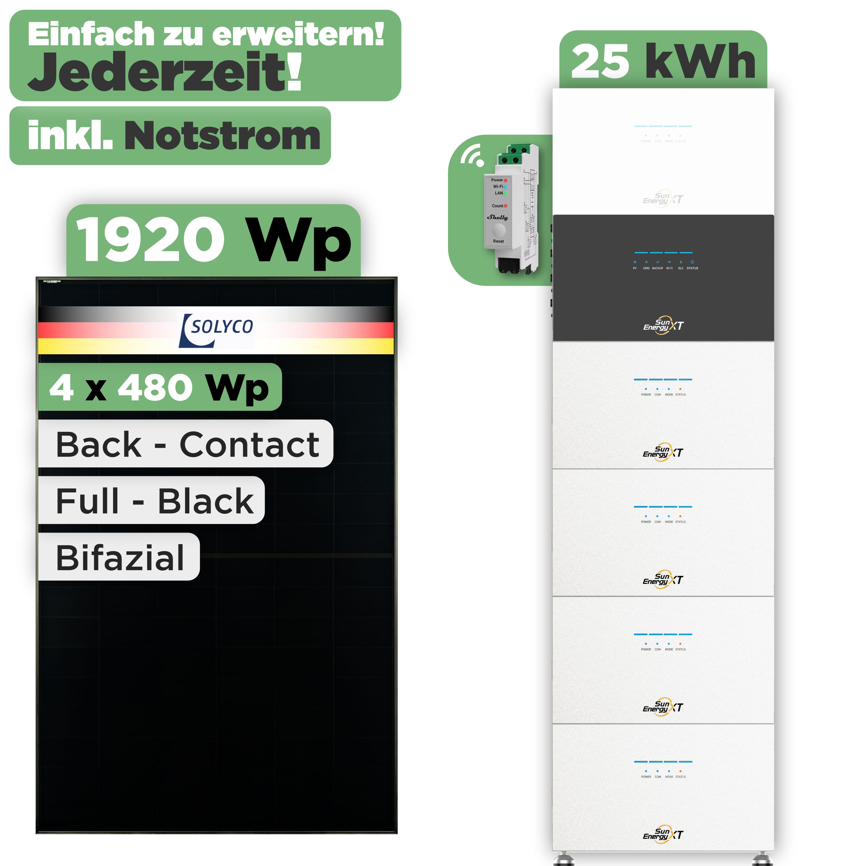 SunEnergyXT 500 Modulset 1920 Wp SunEnergyXT 500 (800 W) / 25 kWh / Shelly 3EM Pro / Solyco 480 Wp / 4 Module