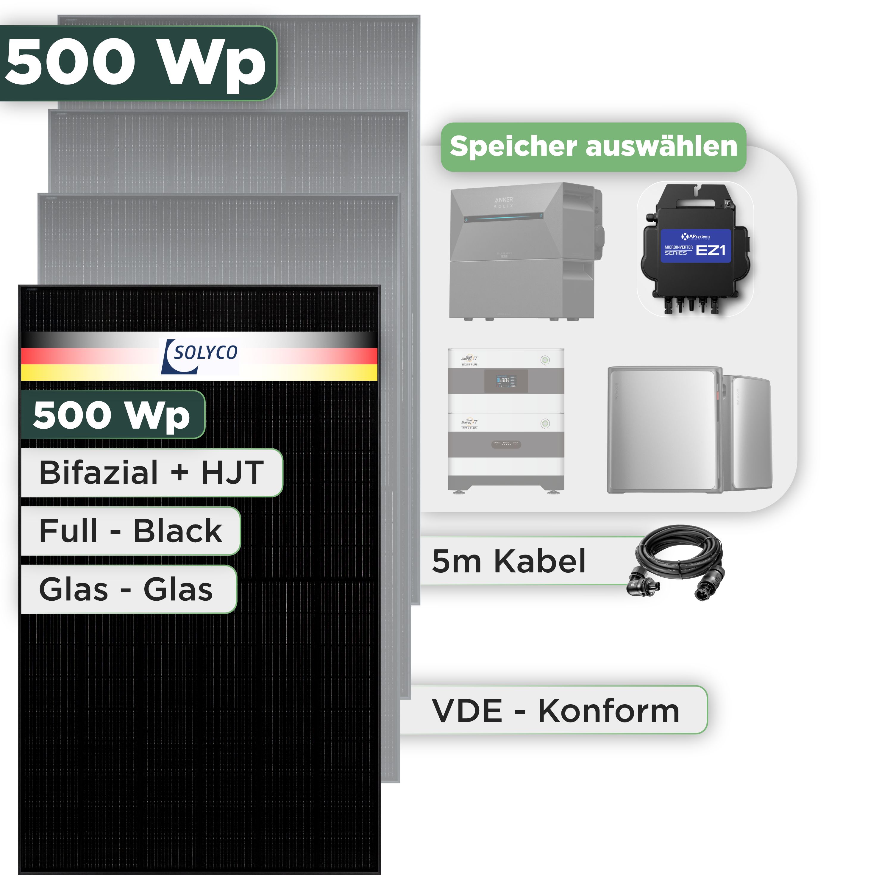 Balkonkraftwerk Set 500 Wp Solyco 500 Wp Glas-Glas Fullblack-Modul Bifazial / 1 Modul / APSystems EZ1-M (bis 800 W) / Wieland Stecker