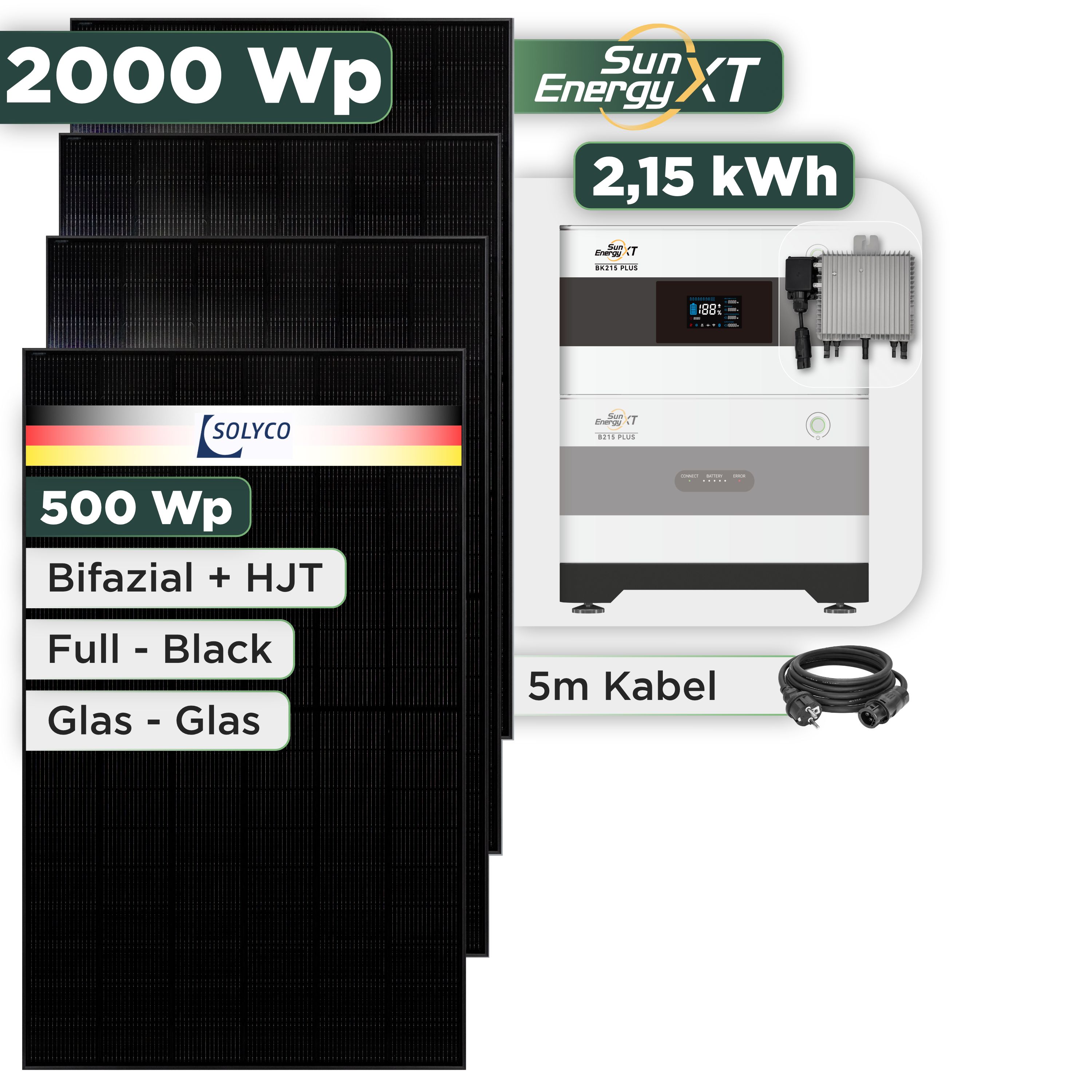 Balkonkraftwerk Set 2000 Wp SunEnergyXT Plus / 2,15 kWh / Solyco 500 Wp Glas-Glas Fullblack-Modul Bifazial / 4 Module / Deye 800 W / Schuko Stecker