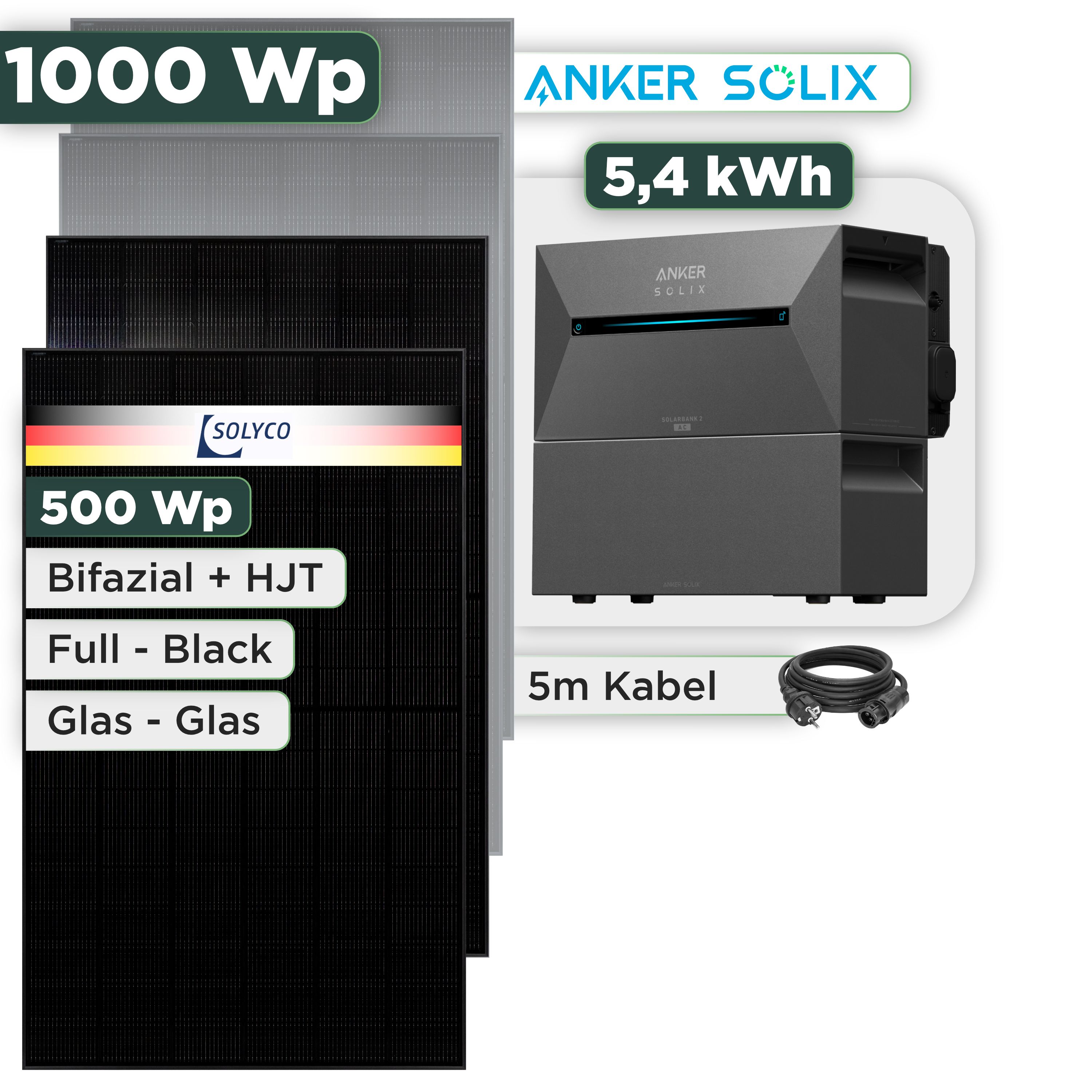 Balkonkraftwerk Set 1000 Wp Anker Solarbank 3 Pro / 5,4 kWh / Solyco 500 Wp Glas-Glas Fullblack-Modul Bifazial / 2 Module / Schuko Stecker / 3 m