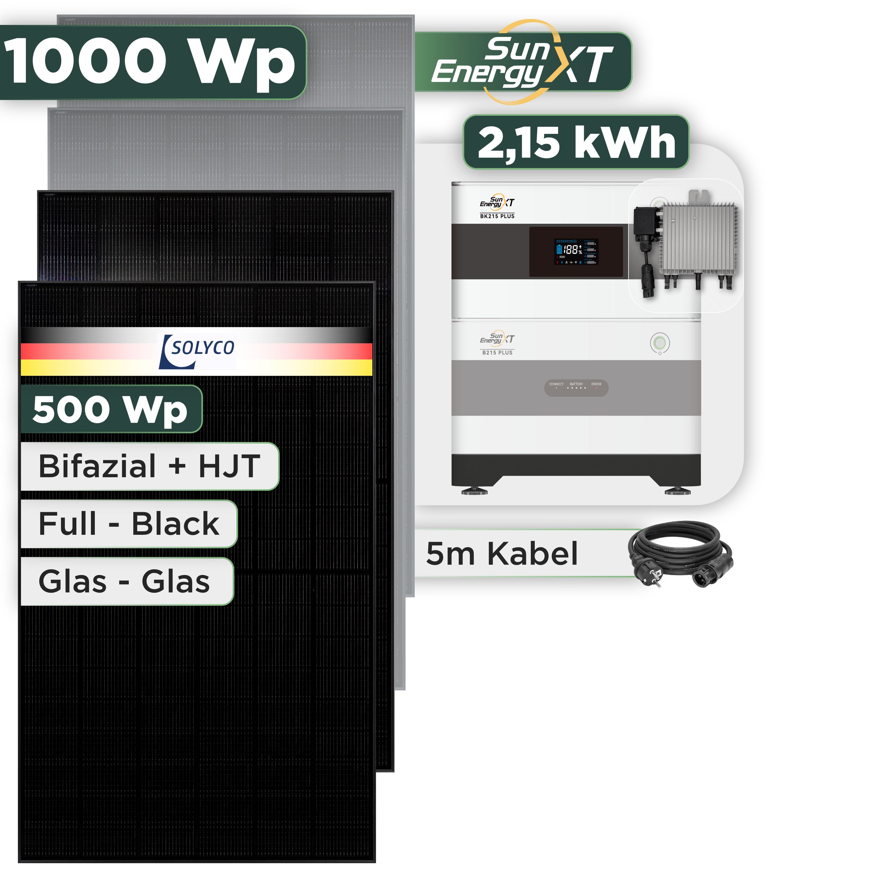 Balkonkraftwerk Set 1000 Wp SunEnergyXT Plus / 2,15 kWh / Solyco 500 Wp Glas-Glas Fullblack-Modul Bifazial / 2 Module / Deye 800 W / Schuko Stecker