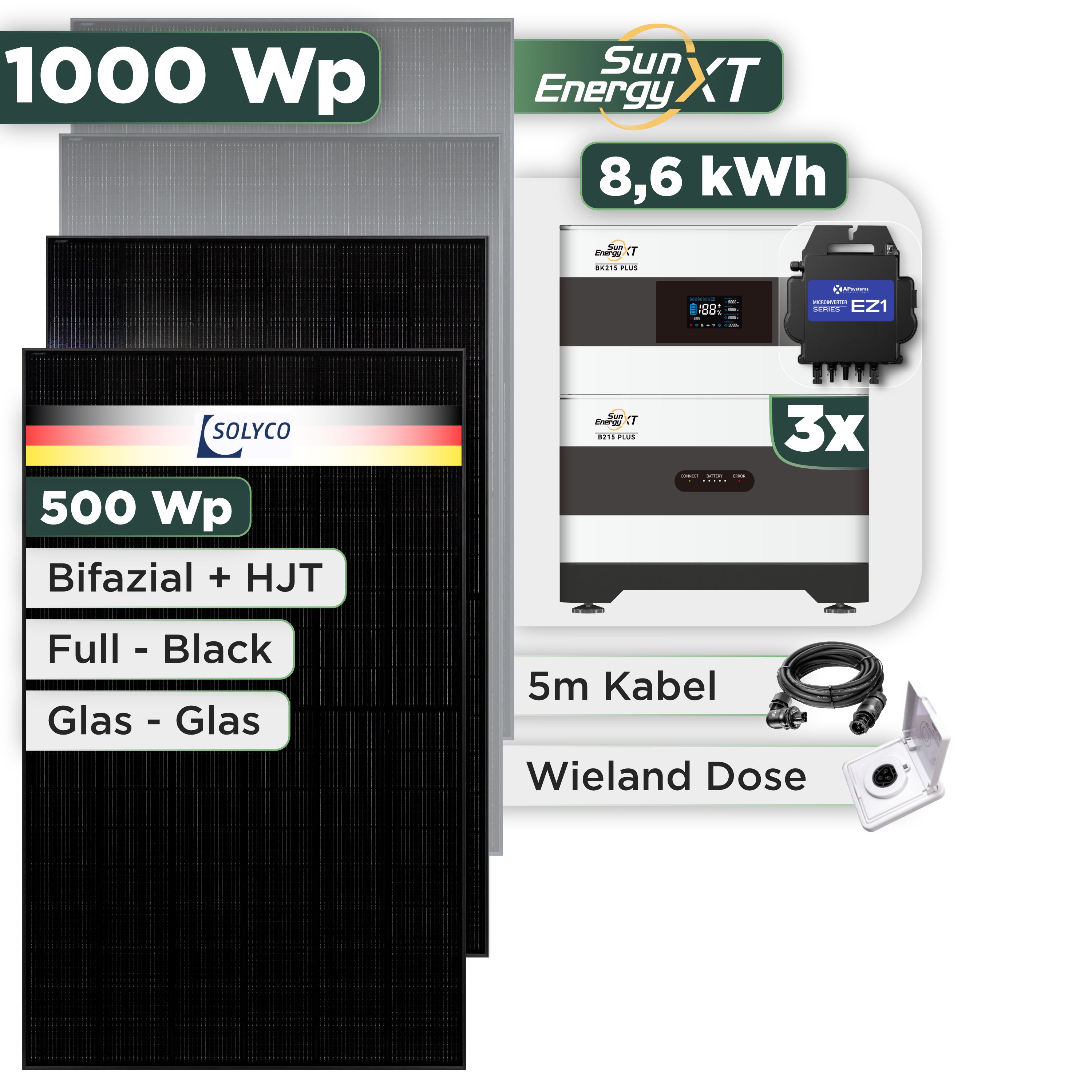 Balkonkraftwerk Set 1000 Wp SunEnergyXT Plus / 8,6 kWh / Solyco 500 Wp Glas-Glas Fullblack-Modul Bifazial / 2 Module / APSystems EZ1-M (bis 800 W) / Wieland Stecker + Dose