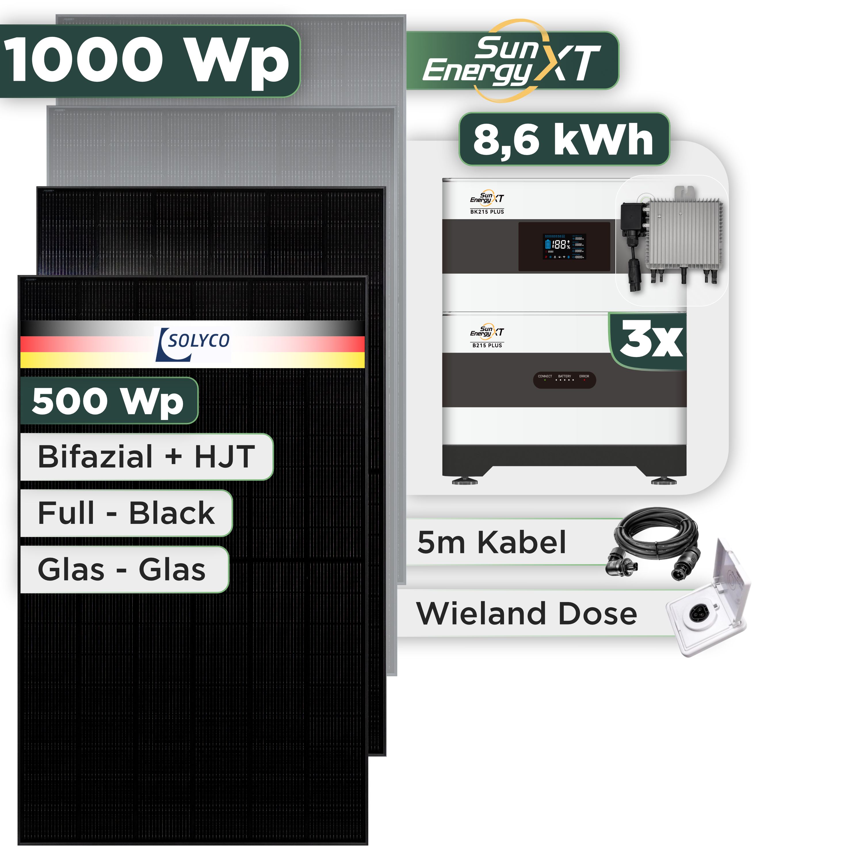 Balkonkraftwerk Set 1000 Wp SunEnergyXT Plus / 8,6 kWh / Solyco 500 Wp Glas-Glas Fullblack-Modul Bifazial / 2 Module / Deye 800 W / Wieland Stecker + Dose