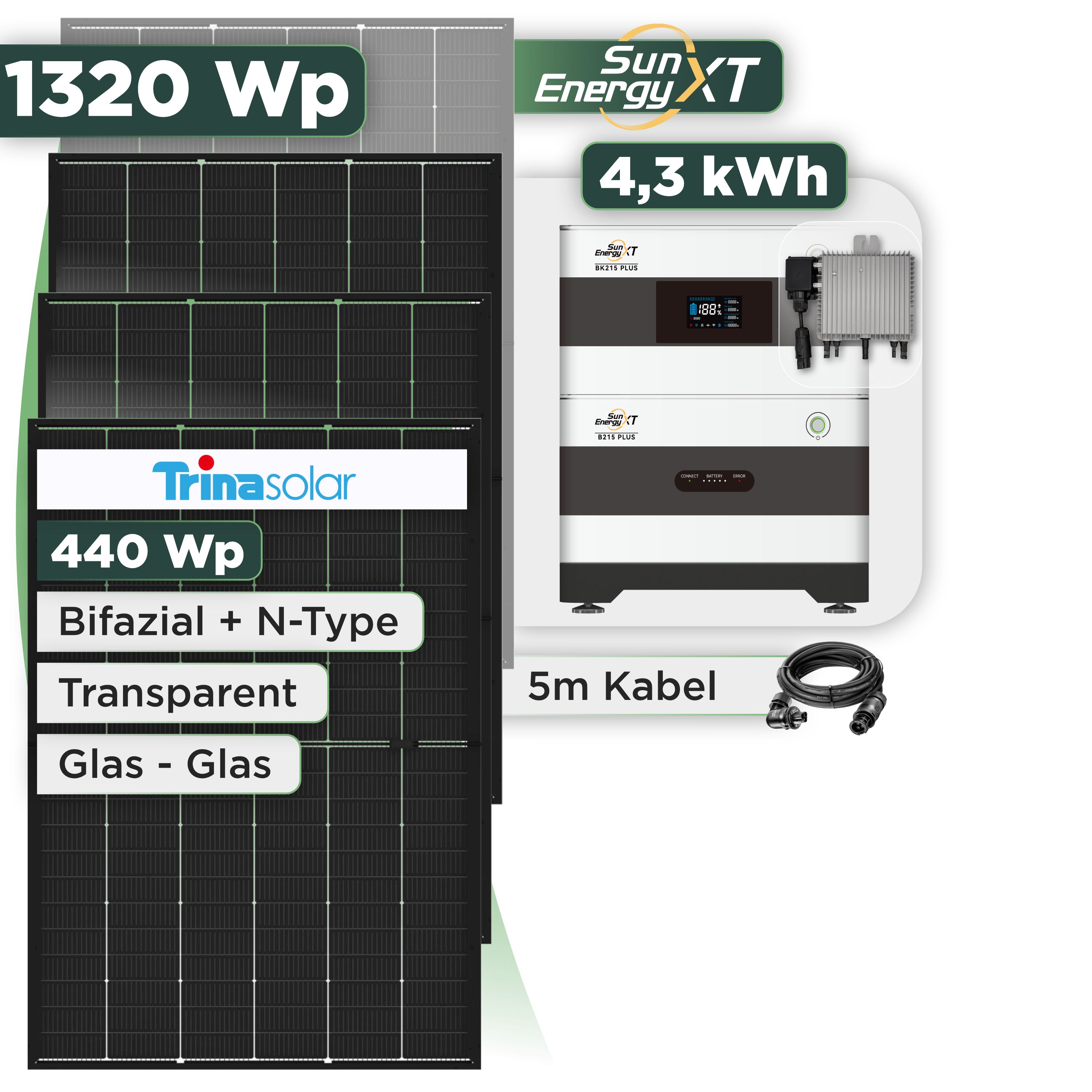 Balkonkraftwerk Set 1320 Wp SunEnergyXT Plus / 4,3 kWh / Trina 440 Wp Glas-Glas Bifazial Modul / 3 Module / Deye 800 W / Wieland Stecker