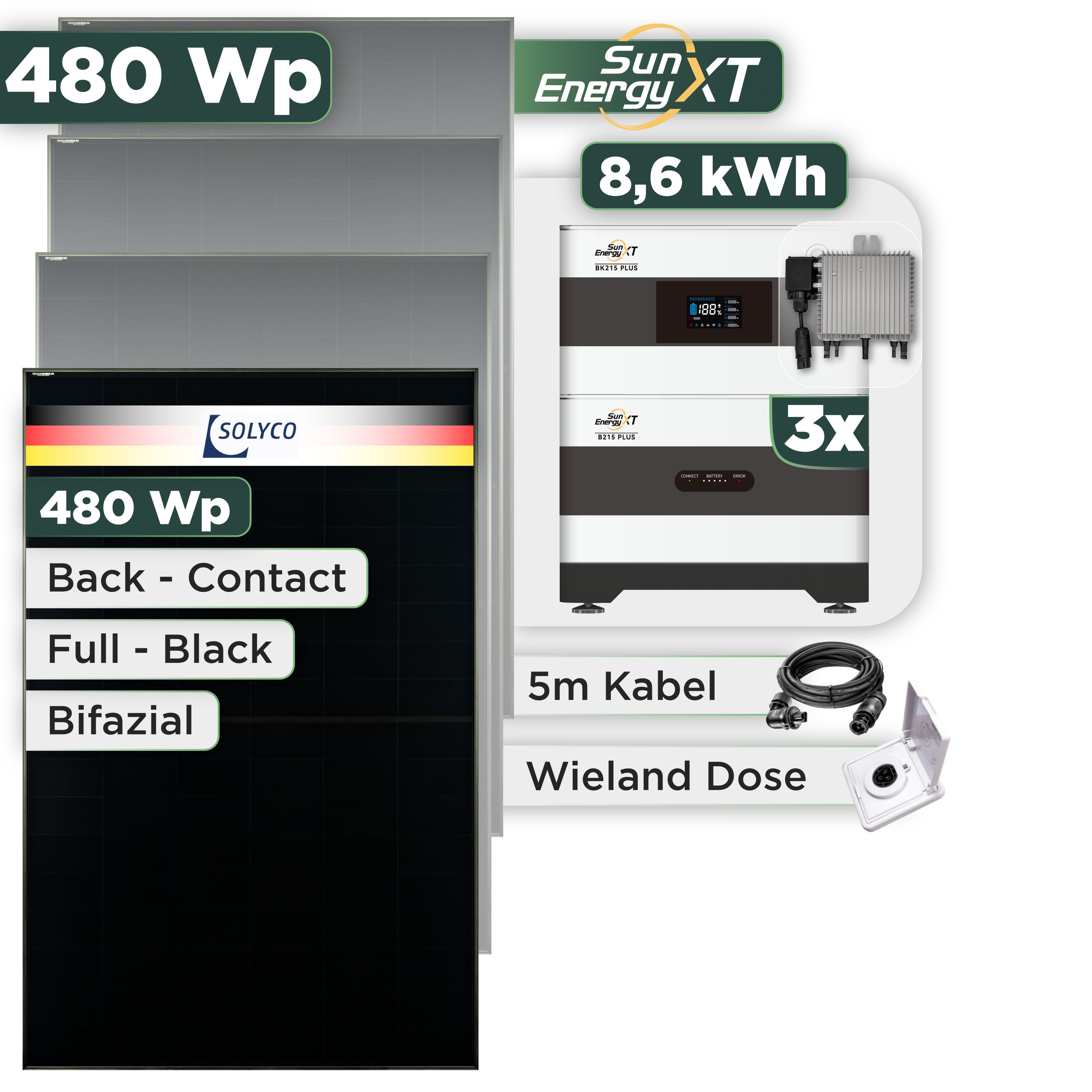 Balkonkraftwerk Set 480 Wp SunEnergyXT Plus / 8,6 kWh / Solyco 480 Wp Glas-Glas Fullblack Back Contact Modul / 1 Modul / Deye 800 W / Wieland Stecker + Dose
