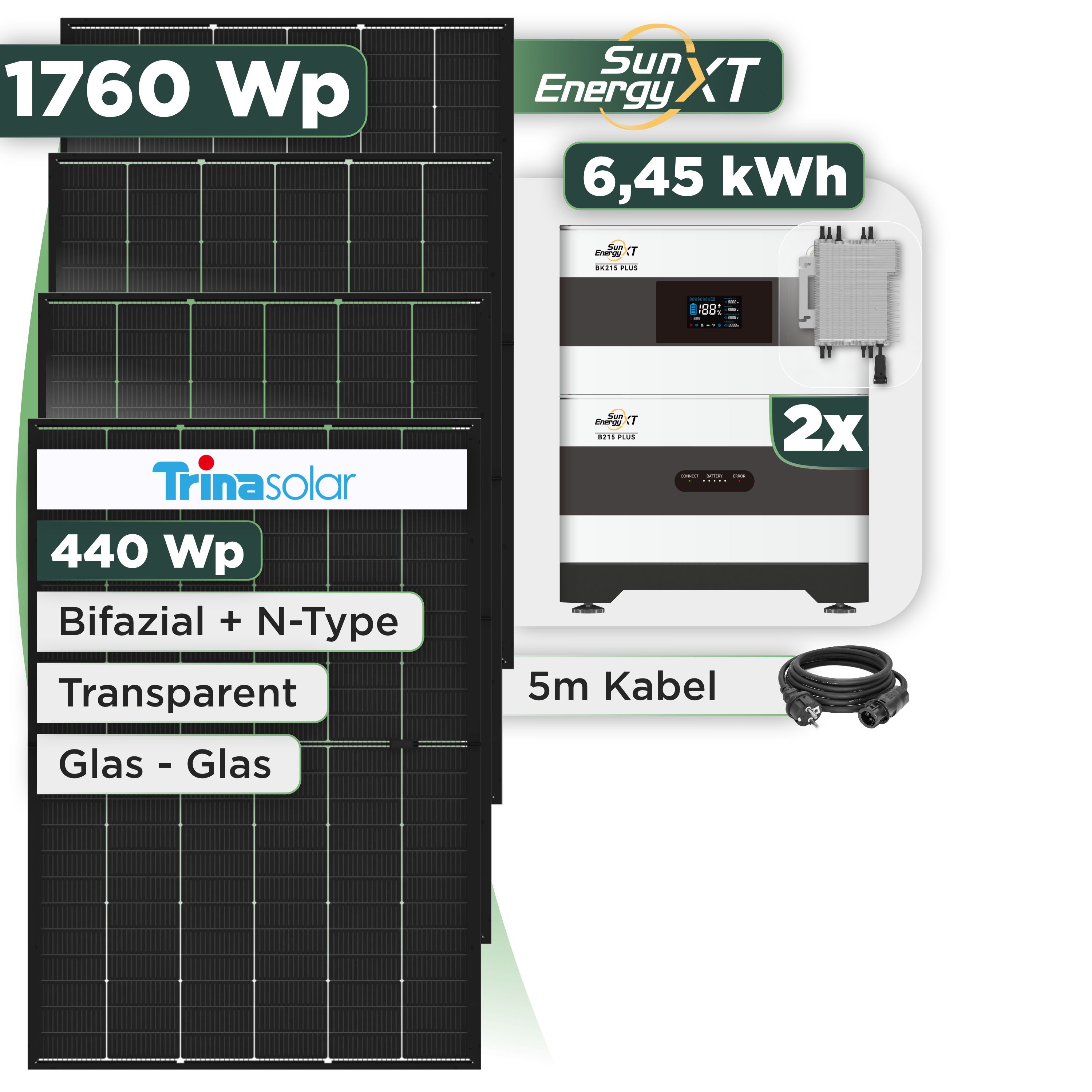 Balkonkraftwerk Set 1760 Wp SunEnergyXT Plus / 6,45 kWh / Trina 440 Wp Glas-Glas Bifazial Modul / 4 Module / Deye 2000 W / Schuko Stecker