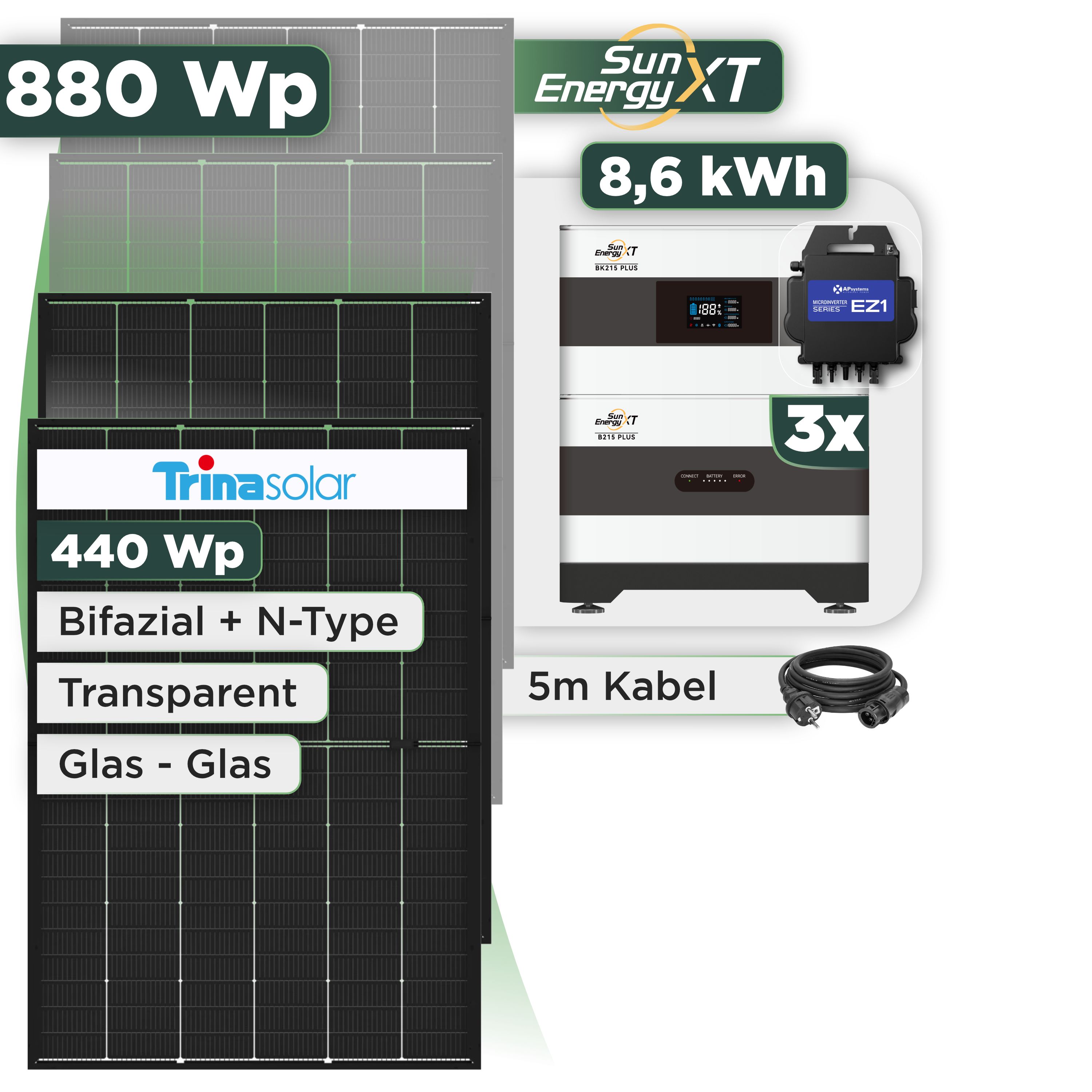 Balkonkraftwerk Set 880 Wp SunEnergyXT Plus / 8,6 kWh / Trina 440 Wp Glas-Glas Bifazial Modul / 2 Module / APSystems EZ1-M (bis 800 W) / Schuko Stecker
