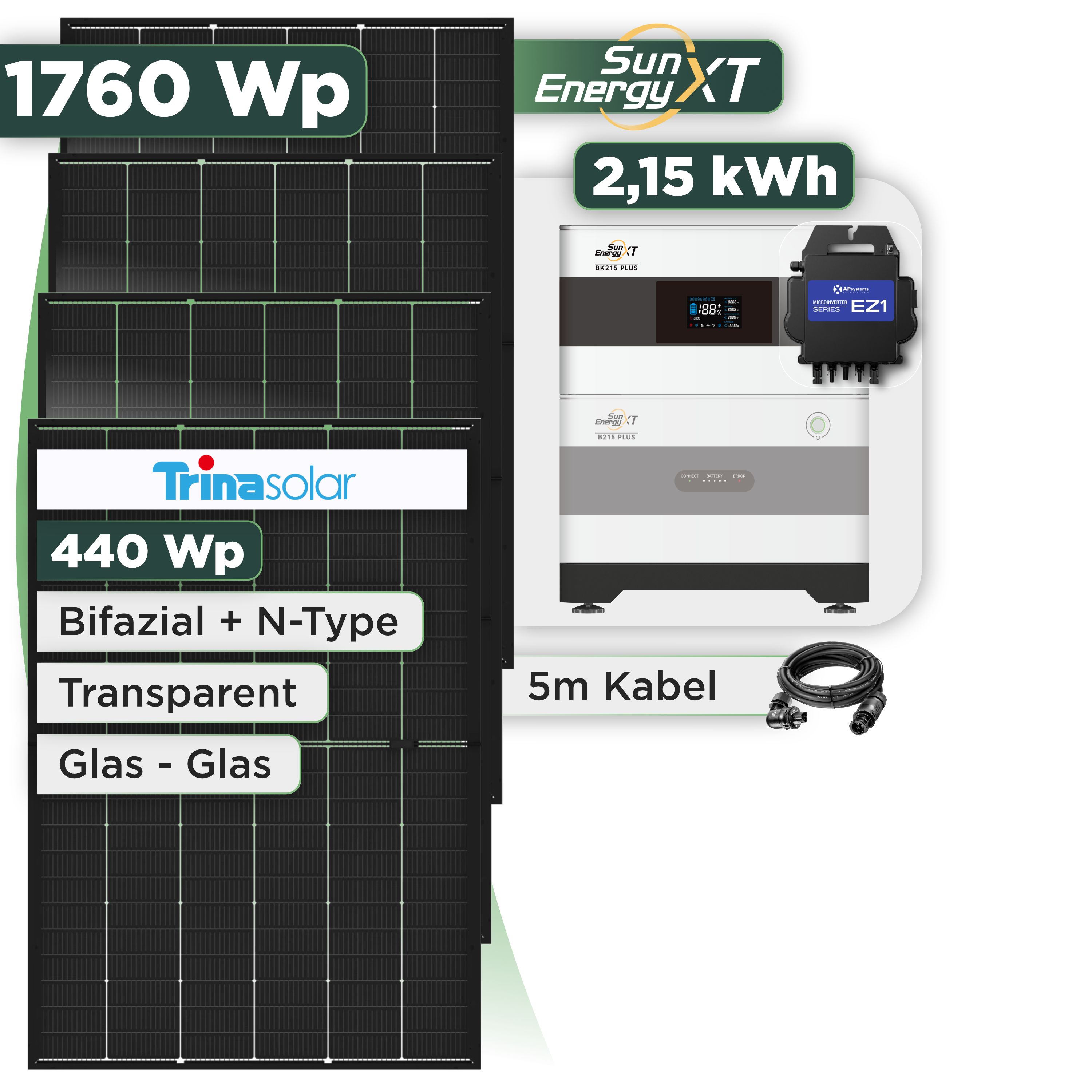 Balkonkraftwerk Set 1760 Wp SunEnergyXT Plus / 2,15 kWh / Trina 440 Wp Glas-Glas Bifazial Modul / 4 Module / APSystems EZ1-M (bis 800 W) / Wieland Stecker