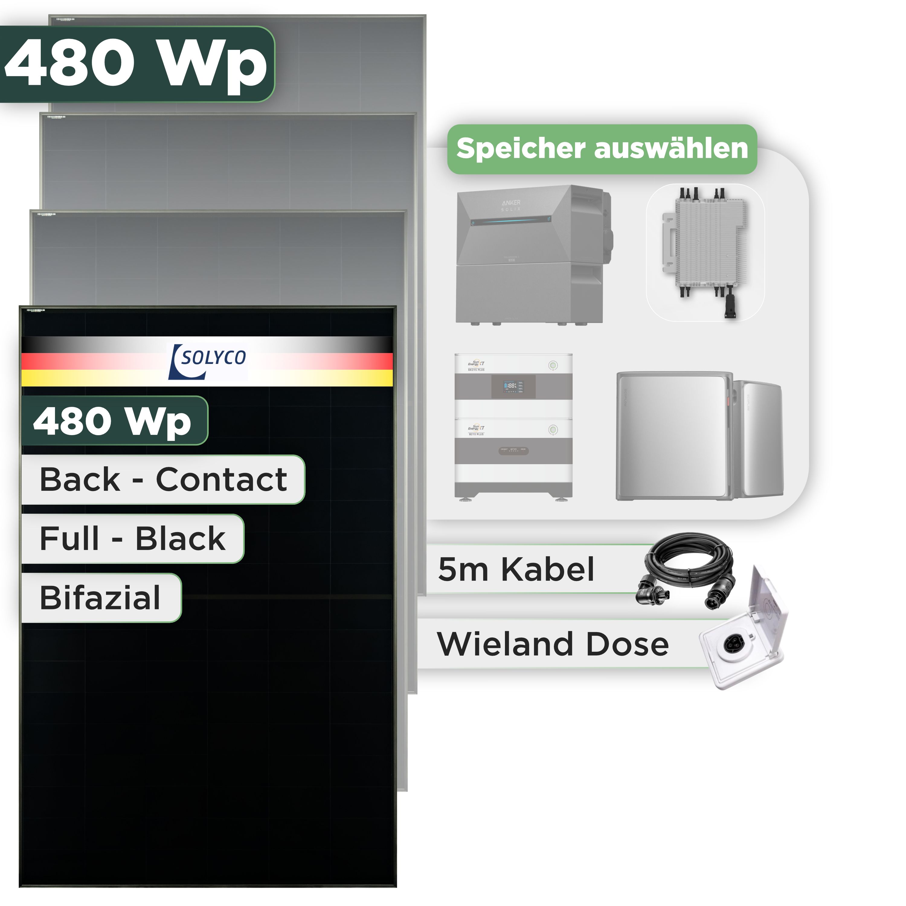 Balkonkraftwerk Set 480 Wp Solyco 480 Wp Glas-Glas Fullblack Back Contact Modul / 1 Modul / Deye 2000 W / Wieland Stecker + Dose