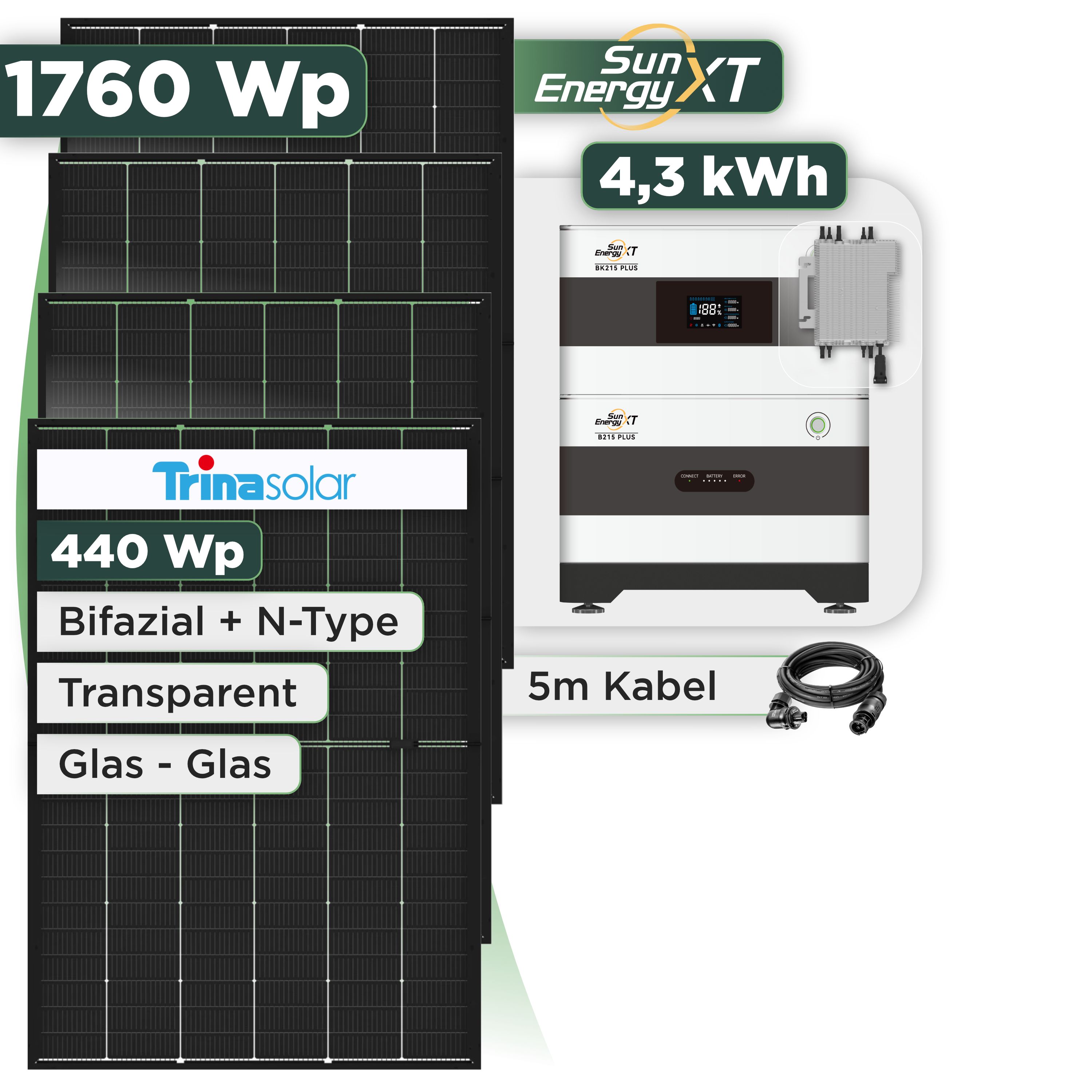 Balkonkraftwerk Set 1760 Wp SunEnergyXT Plus / 4,3 kWh / Trina 440 Wp Glas-Glas Bifazial Modul / 4 Module / Deye 2000 W / Wieland Stecker