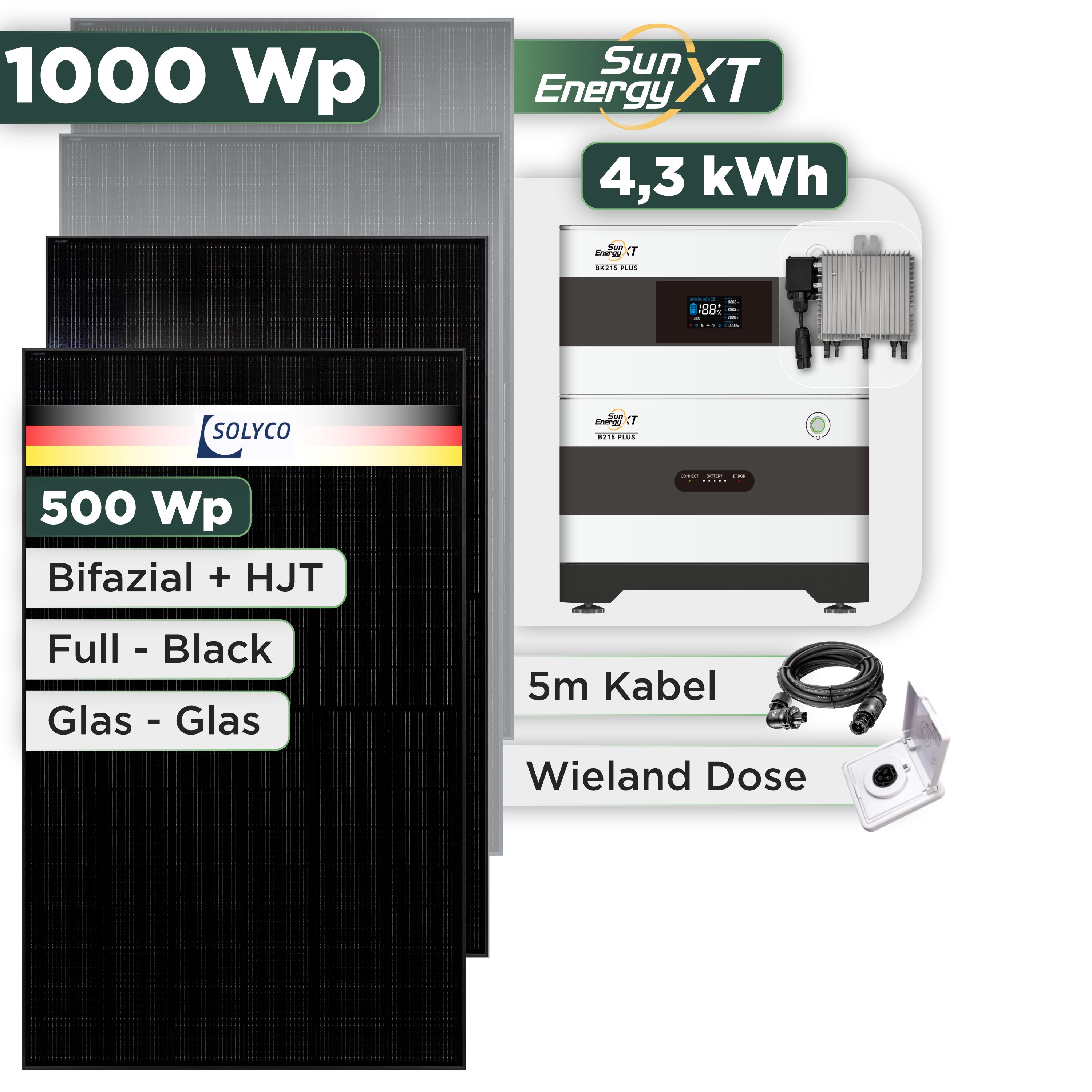 Balkonkraftwerk Set 1000 Wp SunEnergyXT Plus / 4,3 kWh / Solyco 500 Wp Glas-Glas Fullblack-Modul Bifazial / 2 Module / Deye 800 W / Wieland Stecker + Dose