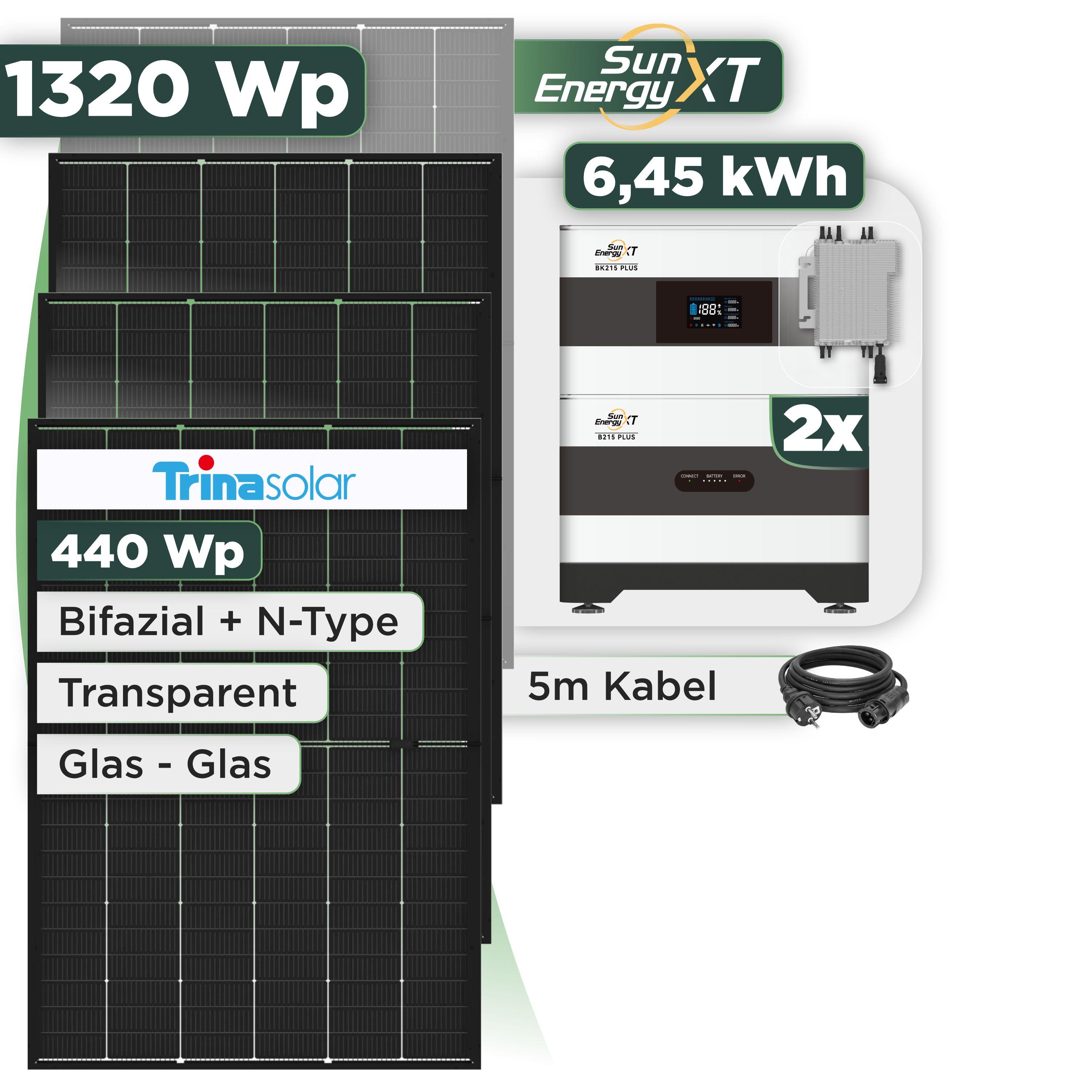 Balkonkraftwerk Set 1320 Wp SunEnergyXT Plus / 6,45 kWh / Trina 440 Wp Glas-Glas Bifazial Modul / 3 Module / Deye 2000 W / Schuko Stecker