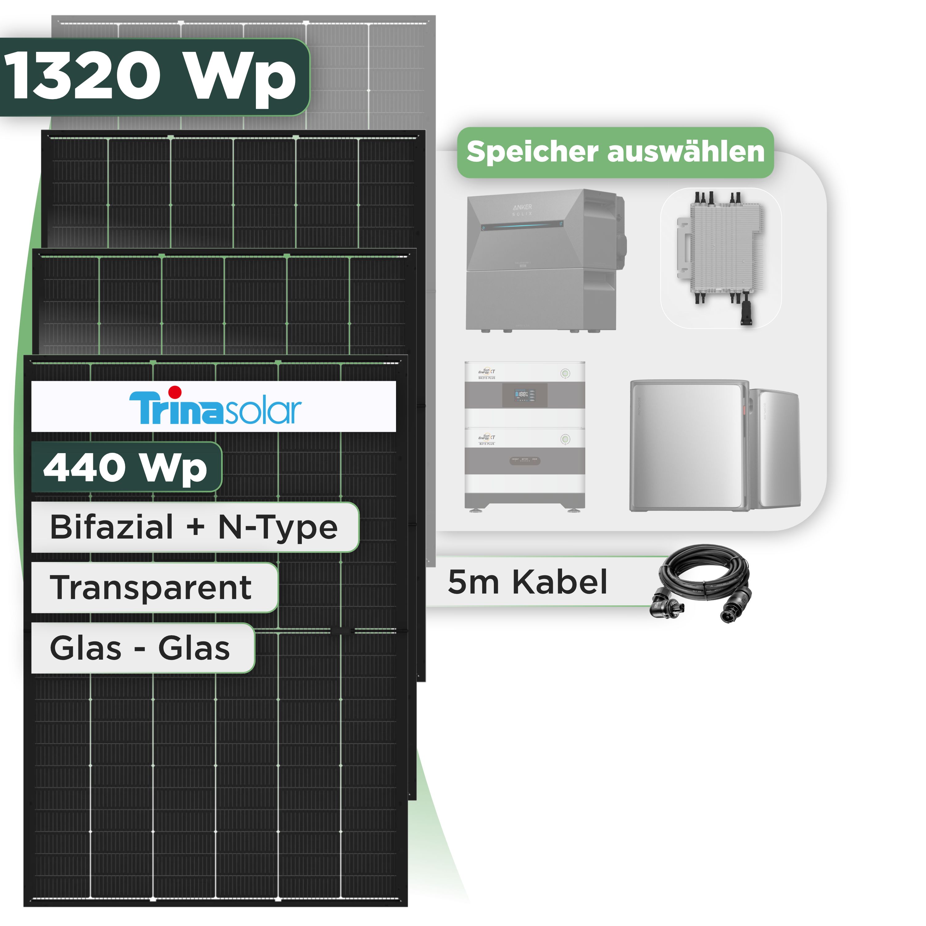 Balkonkraftwerk Set 1320 Wp Trina 440 Wp Glas-Glas Bifazial Modul / 3 Module / Deye 2000 W / Wieland Stecker