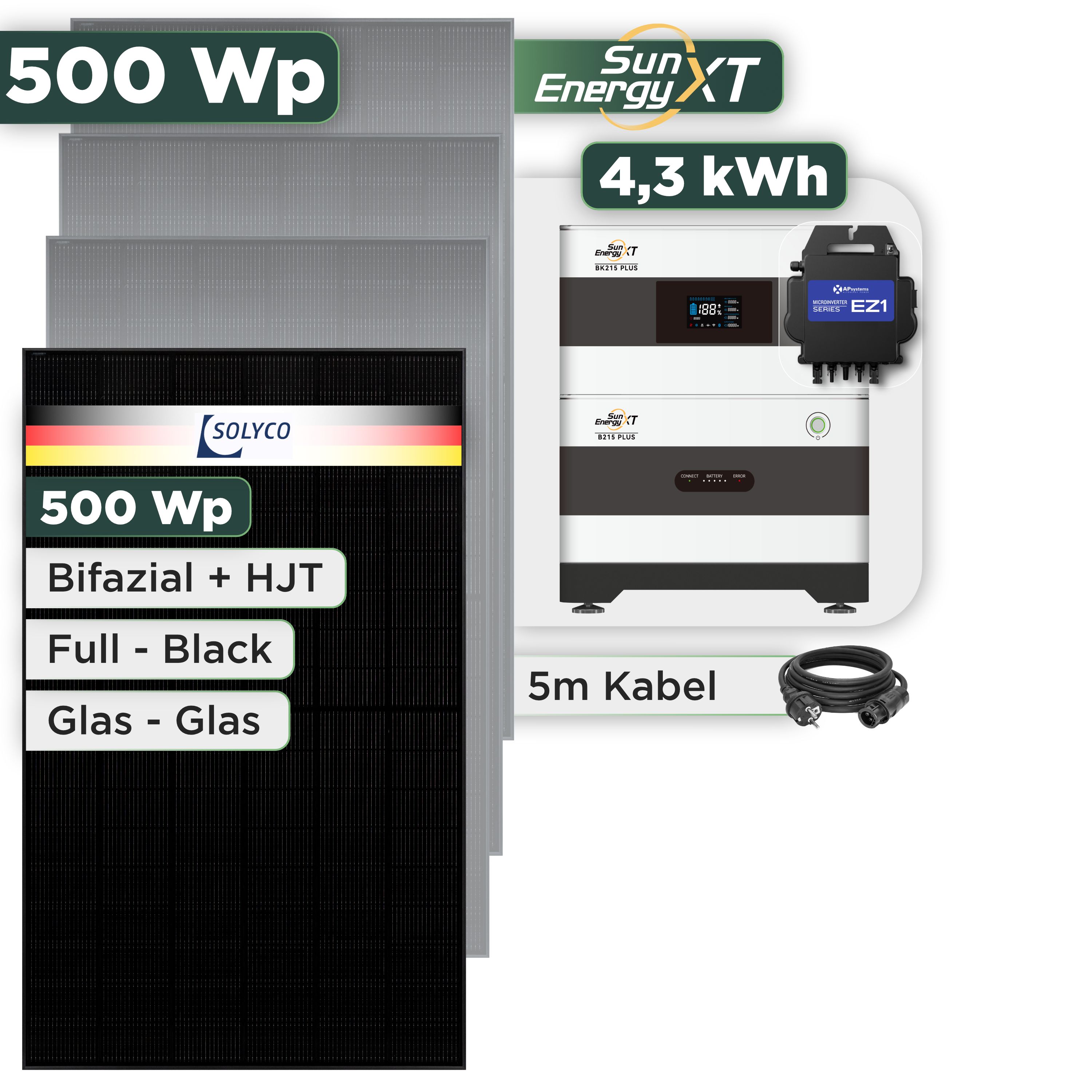 Balkonkraftwerk Set 500 Wp SunEnergyXT Plus / 4,3 kWh / Solyco 500 Wp Glas-Glas Fullblack-Modul Bifazial / 1 Modul / APSystems EZ1-M (bis 800 W) / Schuko Stecker