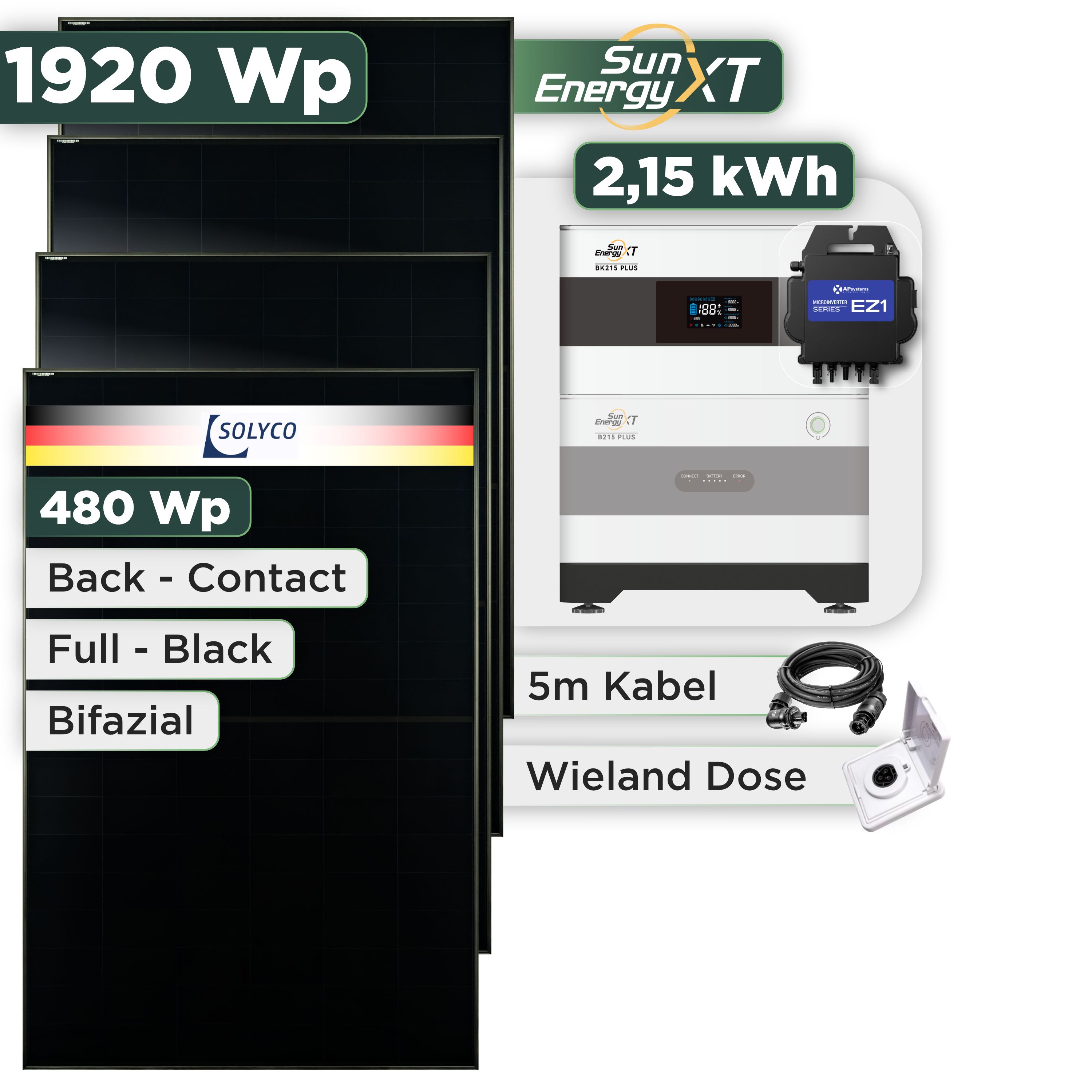 Balkonkraftwerk Set 1920 Wp SunEnergyXT Plus / 2,15 kWh / Solyco 480 Wp Glas-Glas Fullblack Back Contact Modul / 4 Module / APSystems EZ1-M (bis 800 W) / Wieland Stecker + Dose