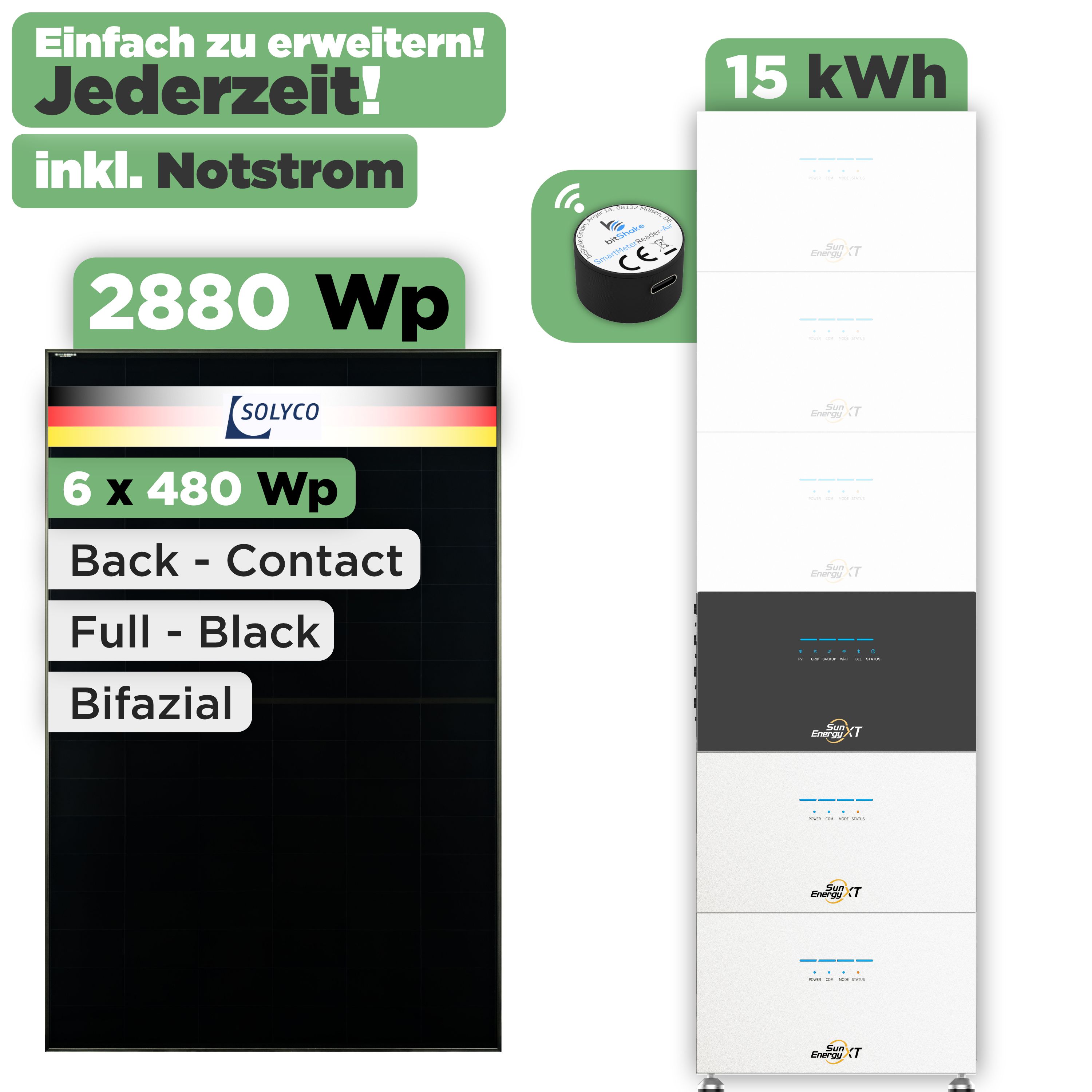SunEnergyXT 500 Modulset 2880 Wp SunEnergyXT 500 (800 W) / 15 kWh / IR Lesekopf / Solyco 480 Wp / 6 Module