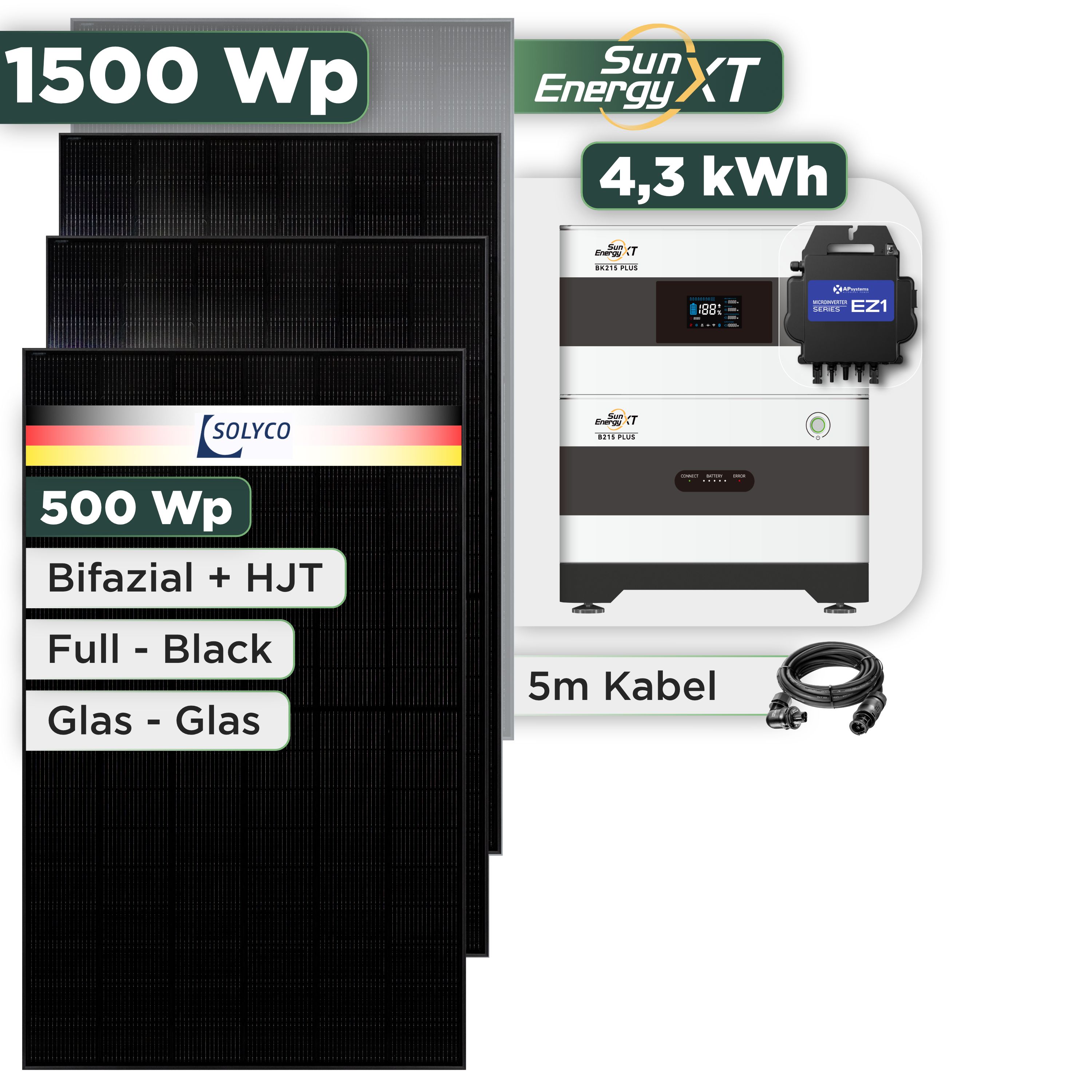 Balkonkraftwerk Set 1500 Wp SunEnergyXT Plus / 4,3 kWh / Solyco 500 Wp Glas-Glas Fullblack-Modul Bifazial / 3 Module / APSystems EZ1-M (bis 800 W) / Wieland Stecker