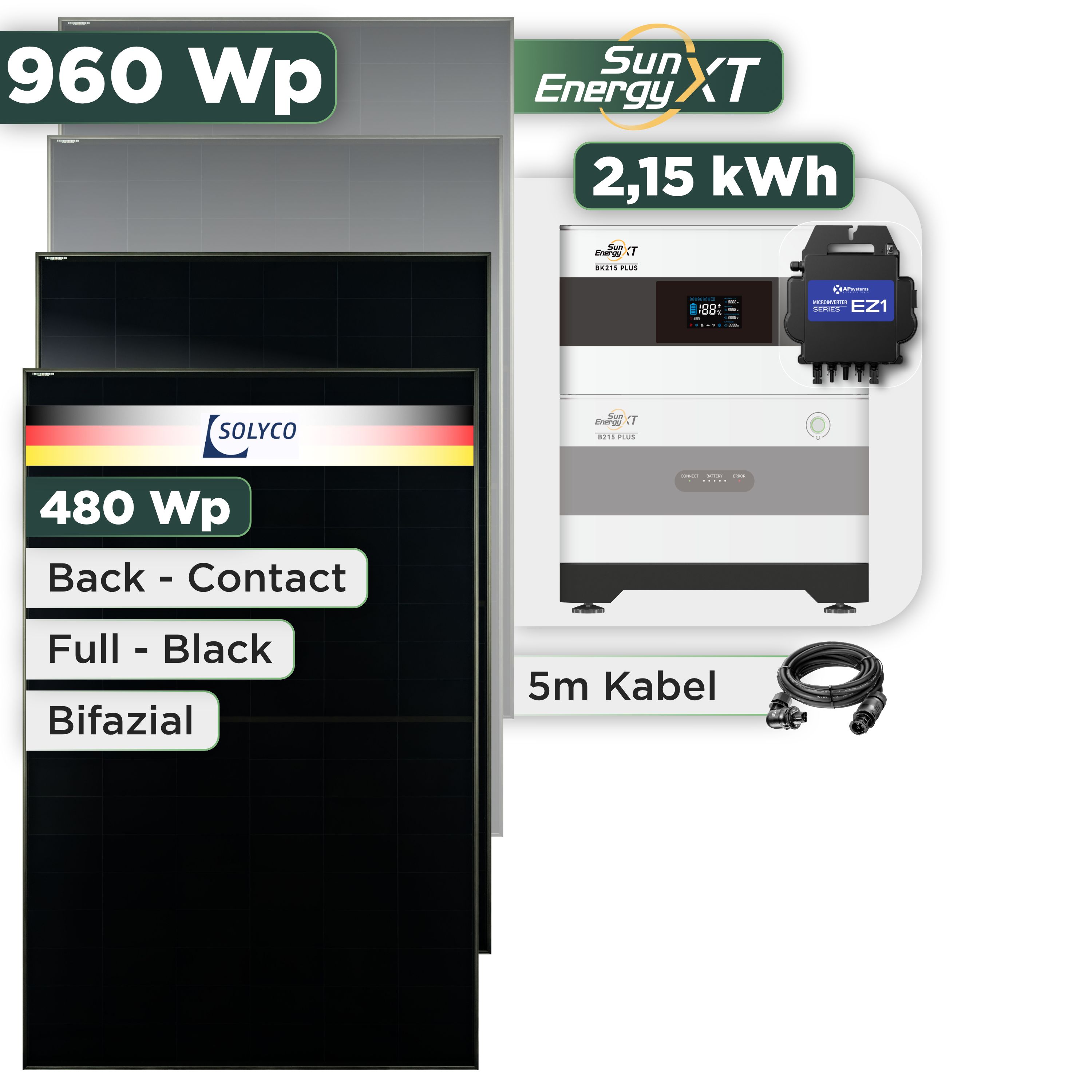 Balkonkraftwerk Set 960 Wp SunEnergyXT Plus / 2,15 kWh / Solyco 480 Wp Glas-Glas Fullblack Back Contact Modul / 2 Module / APSystems EZ1-M (bis 800 W) / Wieland Stecker