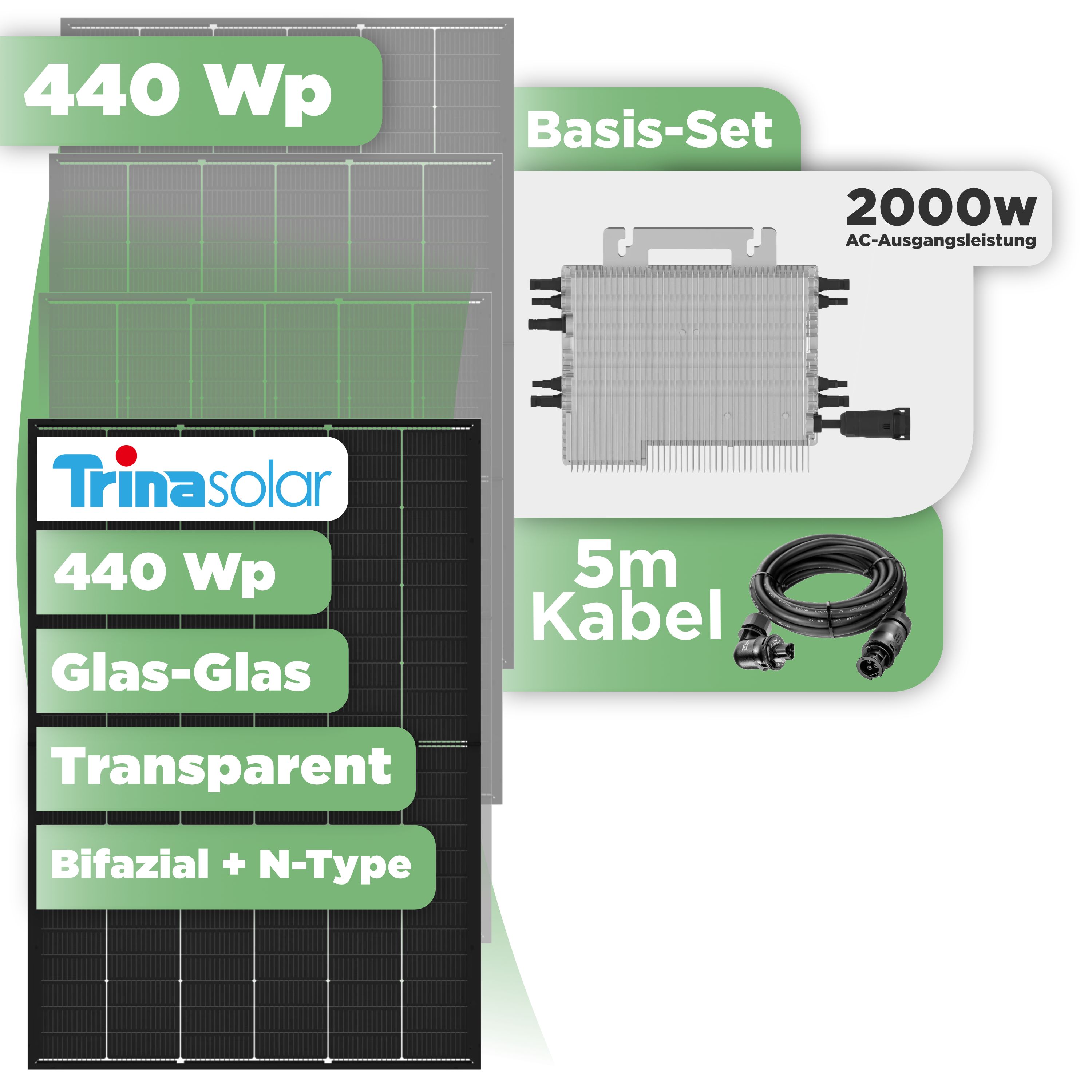 Balkonkraftwerk Basic Set 440 Wp Trina 440 Wp Glas-Glas Bifazial Modul / 1 Modul / Deye 2000 W / Wieland Stecker