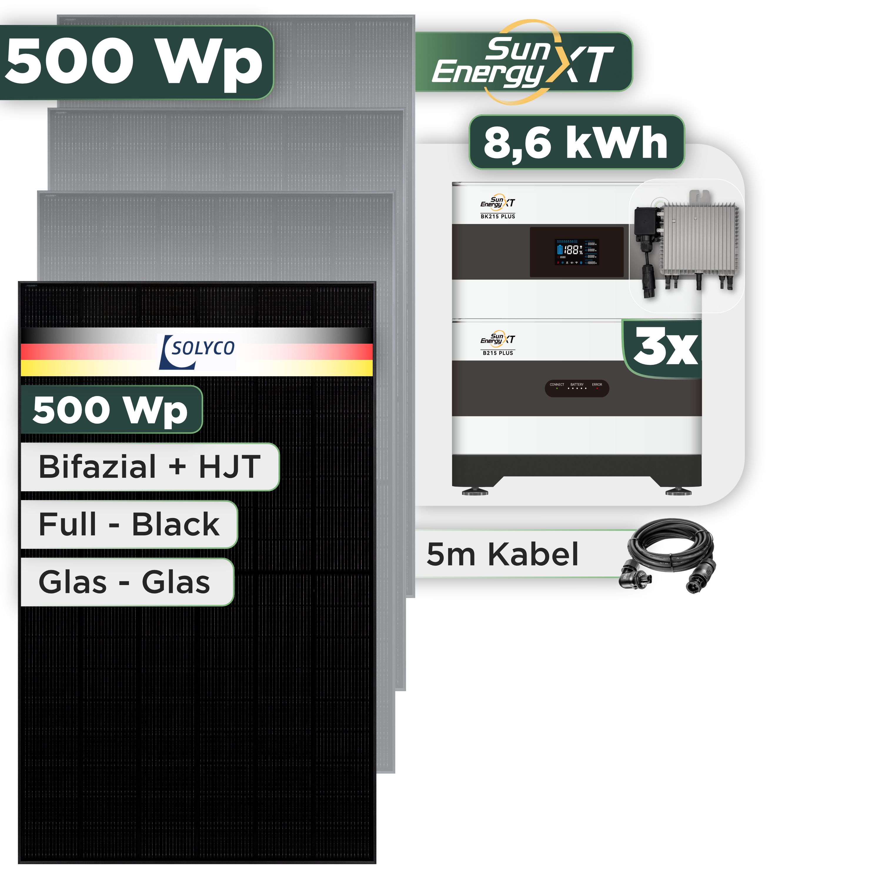 Balkonkraftwerk Set 500 Wp SunEnergyXT Plus / 8,6 kWh / Solyco 500 Wp Glas-Glas Fullblack-Modul Bifazial / 1 Modul / Deye 800 W / Wieland Stecker