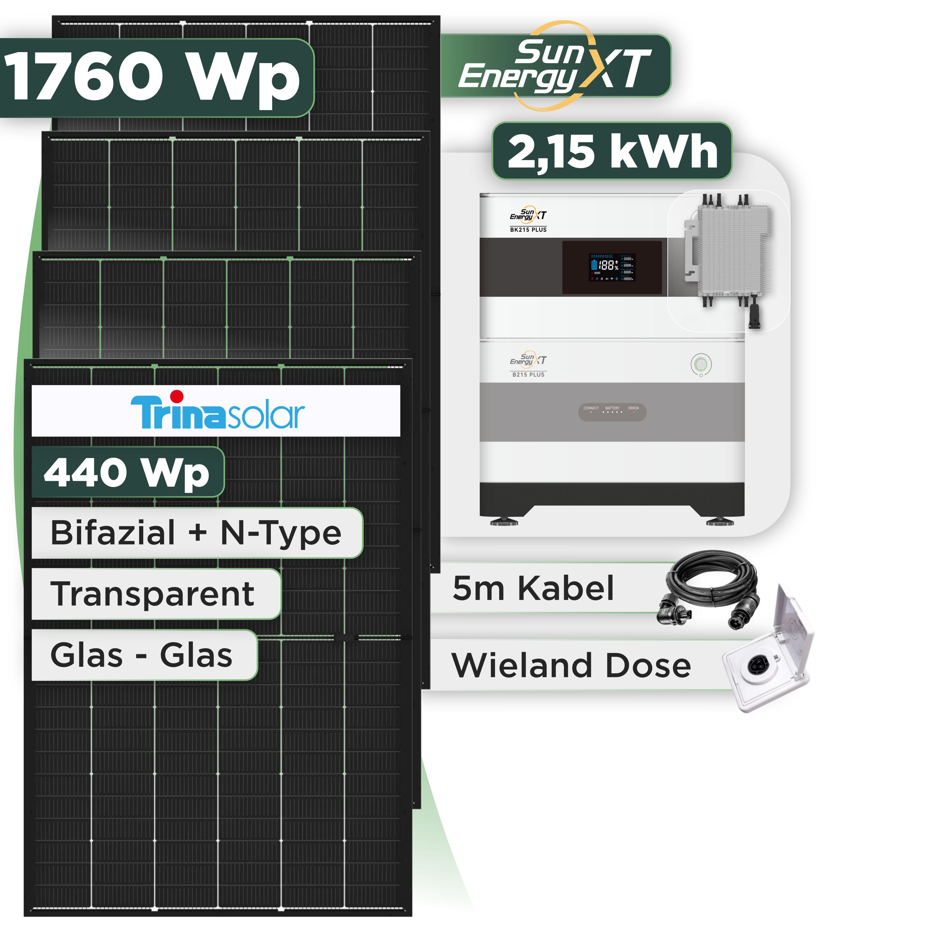 Balkonkraftwerk Set 1760 Wp SunEnergyXT Plus / 2,15 kWh / Trina 440 Wp Glas-Glas Bifazial Modul / 4 Module / Deye 2000 W / Wieland Stecker + Dose