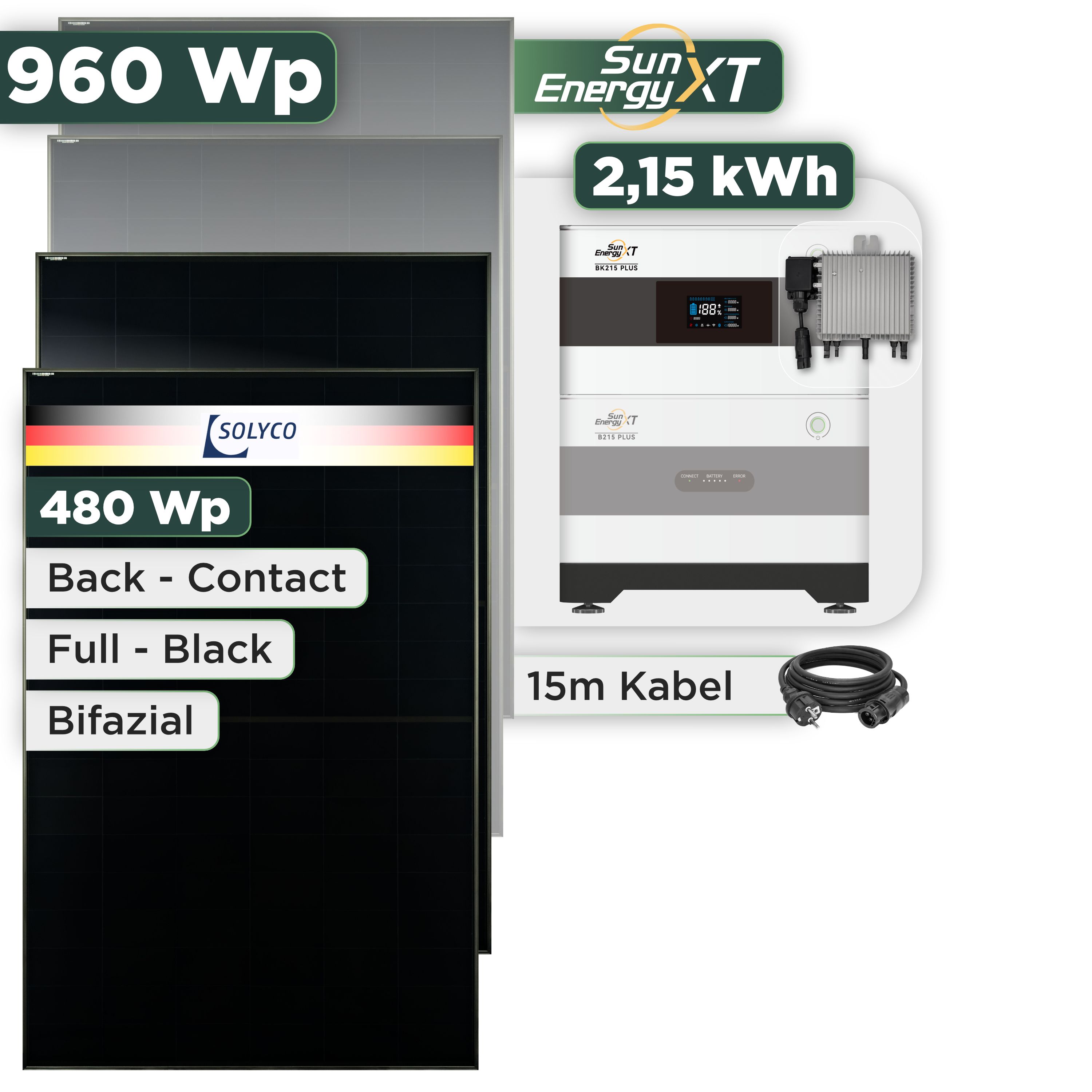 Balkonkraftwerk Set 960 Wp — SunEnergyXT Plus / 2,15 kWh / Solyco 480 Wp Glas-Glas Fullblack Back Contact Modul  / 2 Module / Deye 800 W / Schuko Stecker / 15 m