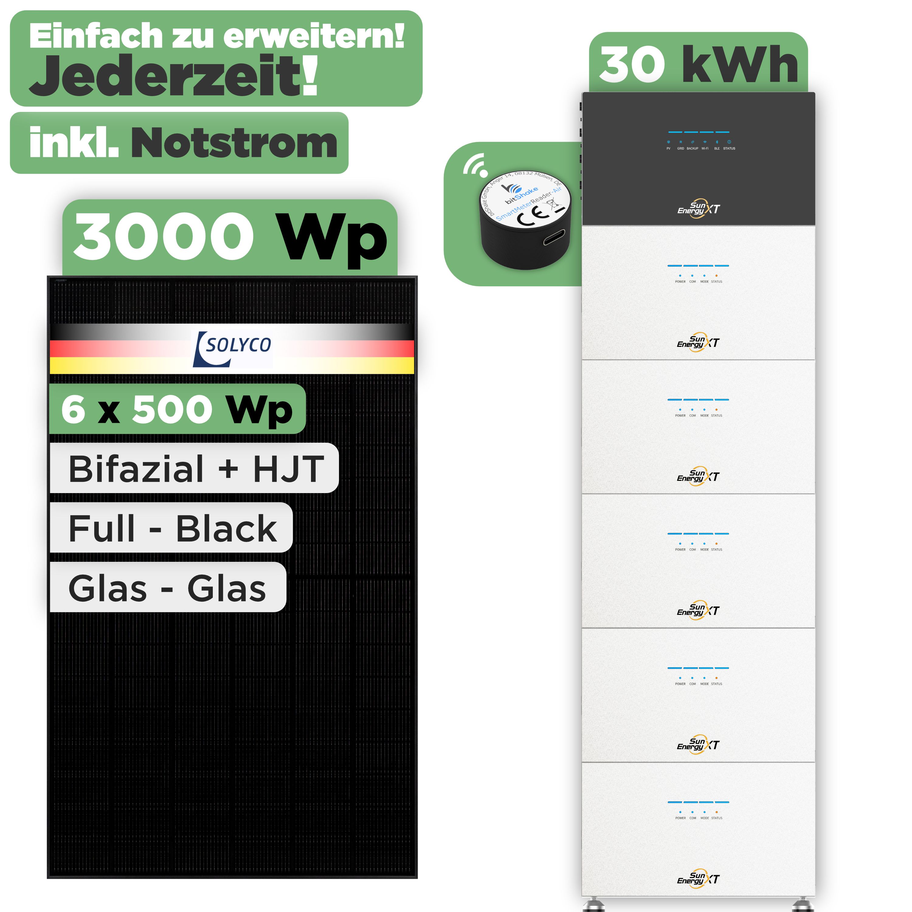 SunEnergyXT 500 Modulset 3000 Wp SunEnergyXT 500 (800 W) / 30 kWh / IR Lesekopf / Solyco 500 Wp / 6 Module