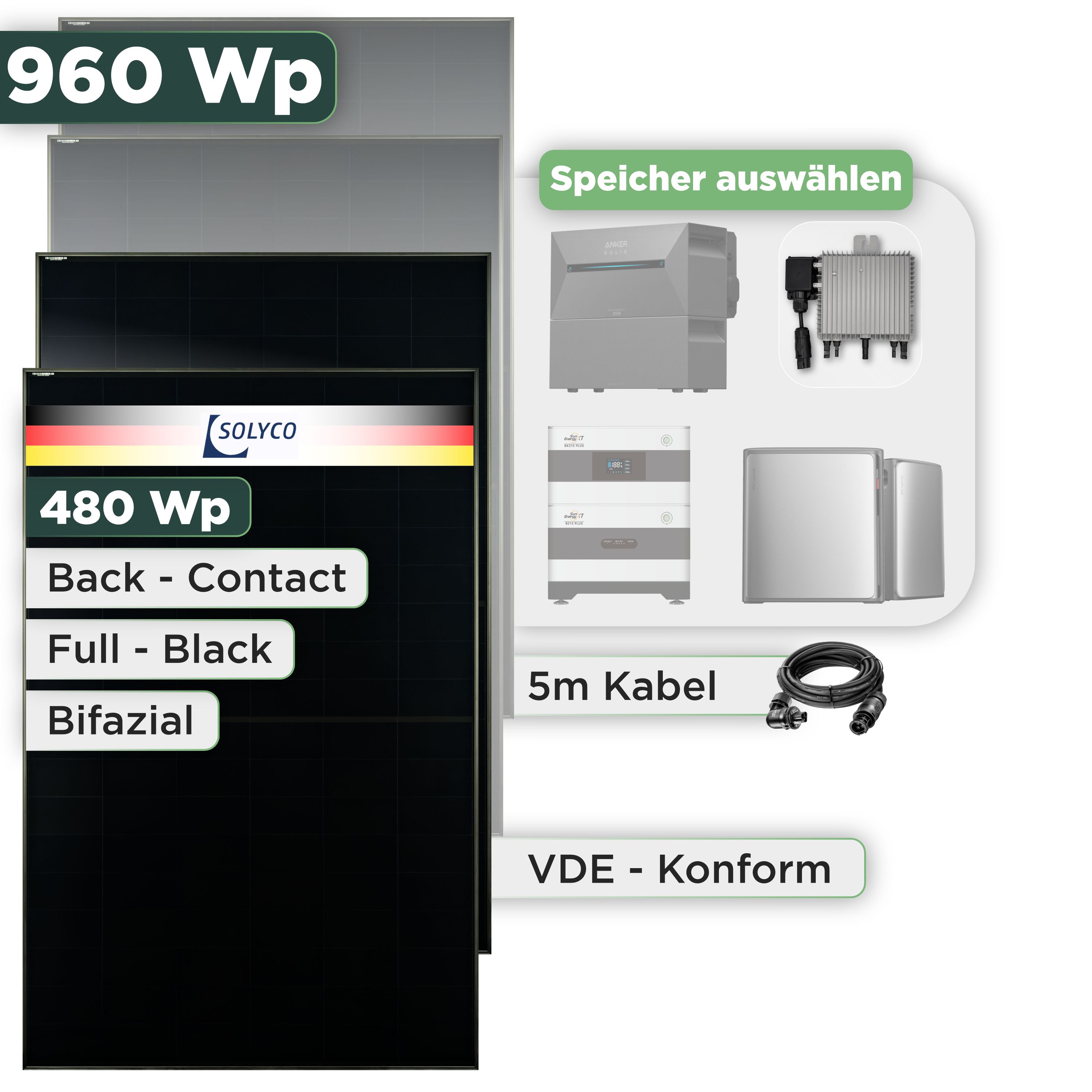 Balkonkraftwerk Set 960 Wp Solyco 480 Wp Glas-Glas Fullblack Back Contact Modul / 2 Module / Deye 800 W / Wieland Stecker