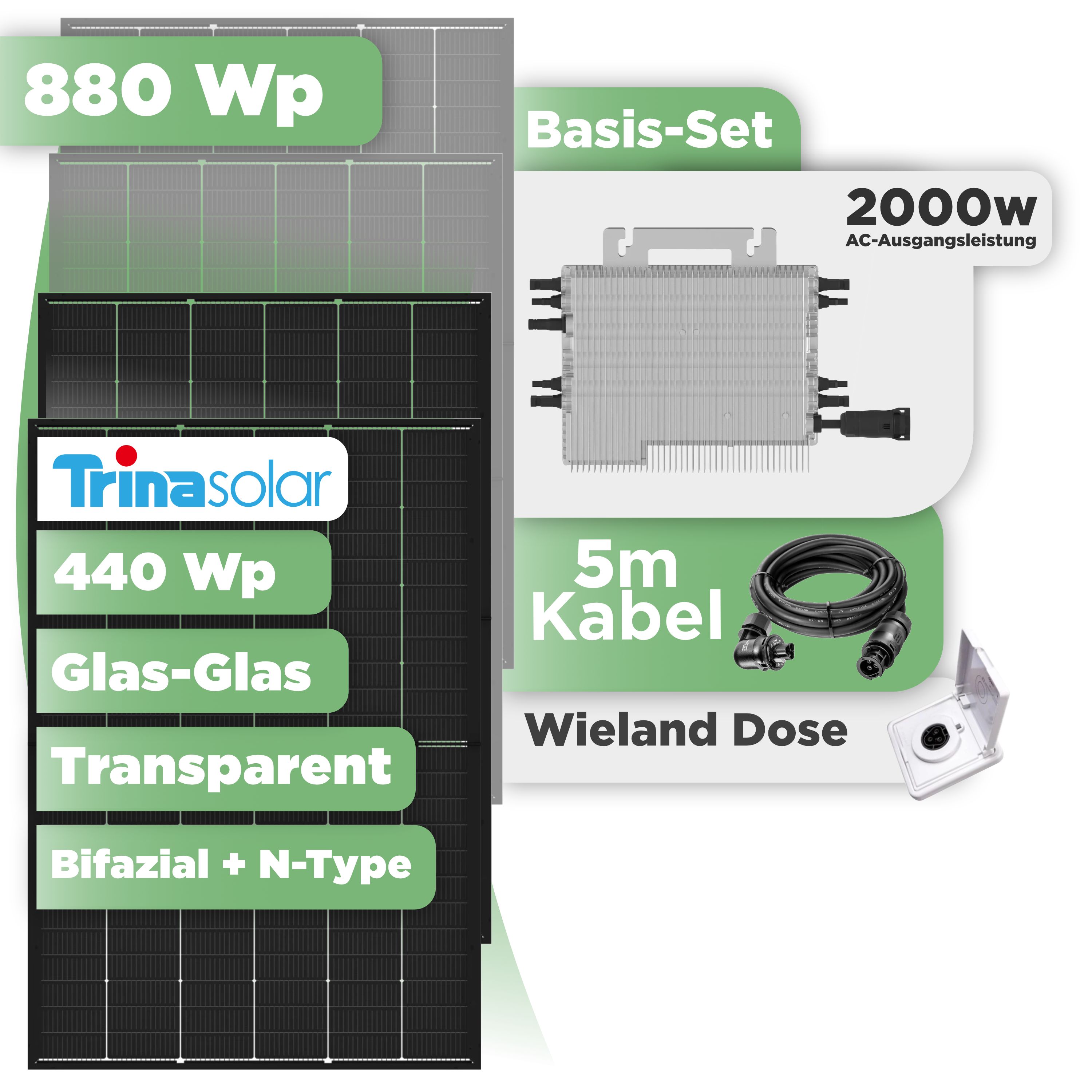 Balkonkraftwerk Basic Set 880 Wp Trina 440 Wp Glas-Glas Bifazial Modul / 2 Module / Deye 2000 W / Wieland Stecker + Dose