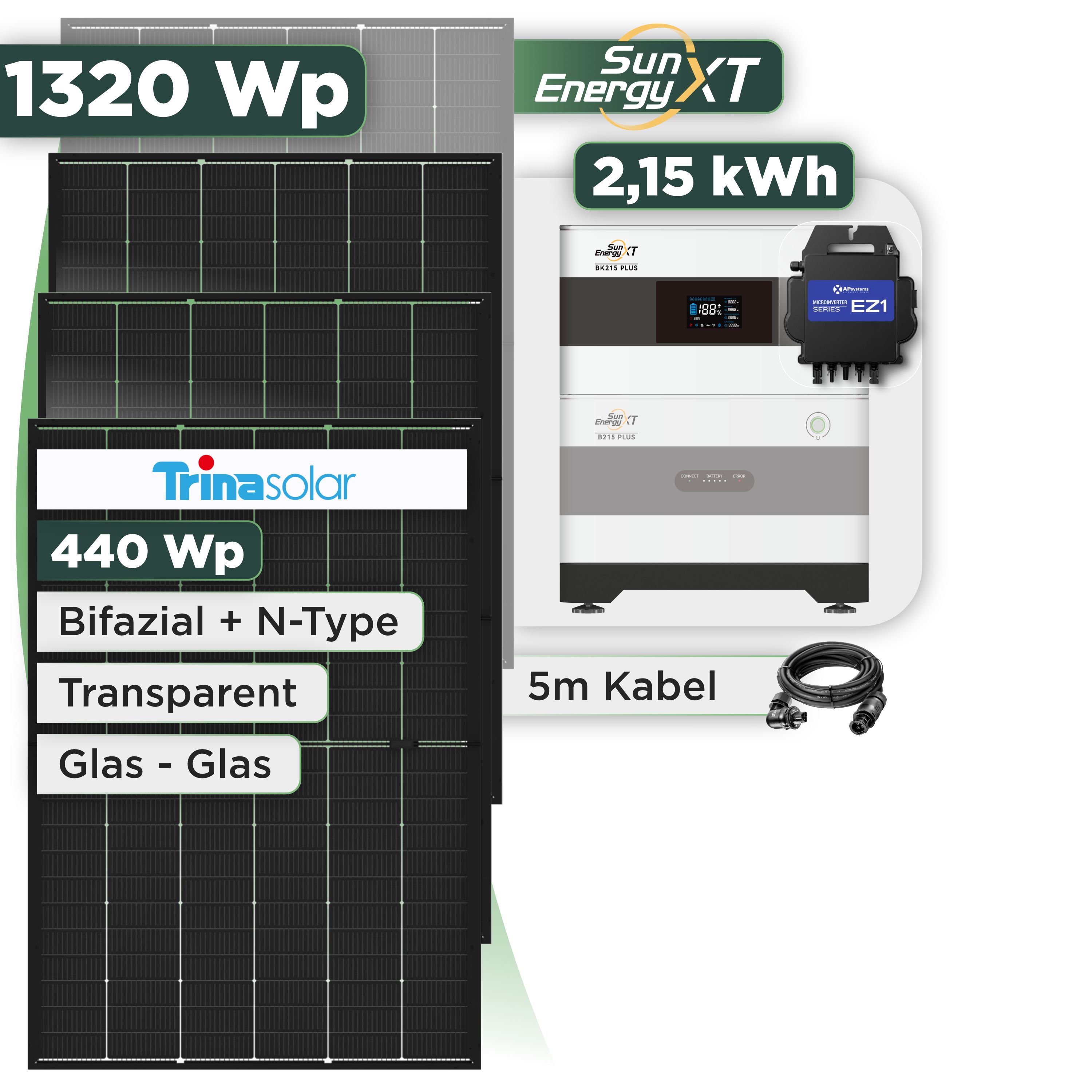 Balkonkraftwerk Set 1320 Wp SunEnergyXT Plus / 2,15 kWh / Trina 440 Wp Glas-Glas Bifazial Modul / 3 Module / APSystems EZ1-M (bis 800 W) / Wieland Stecker