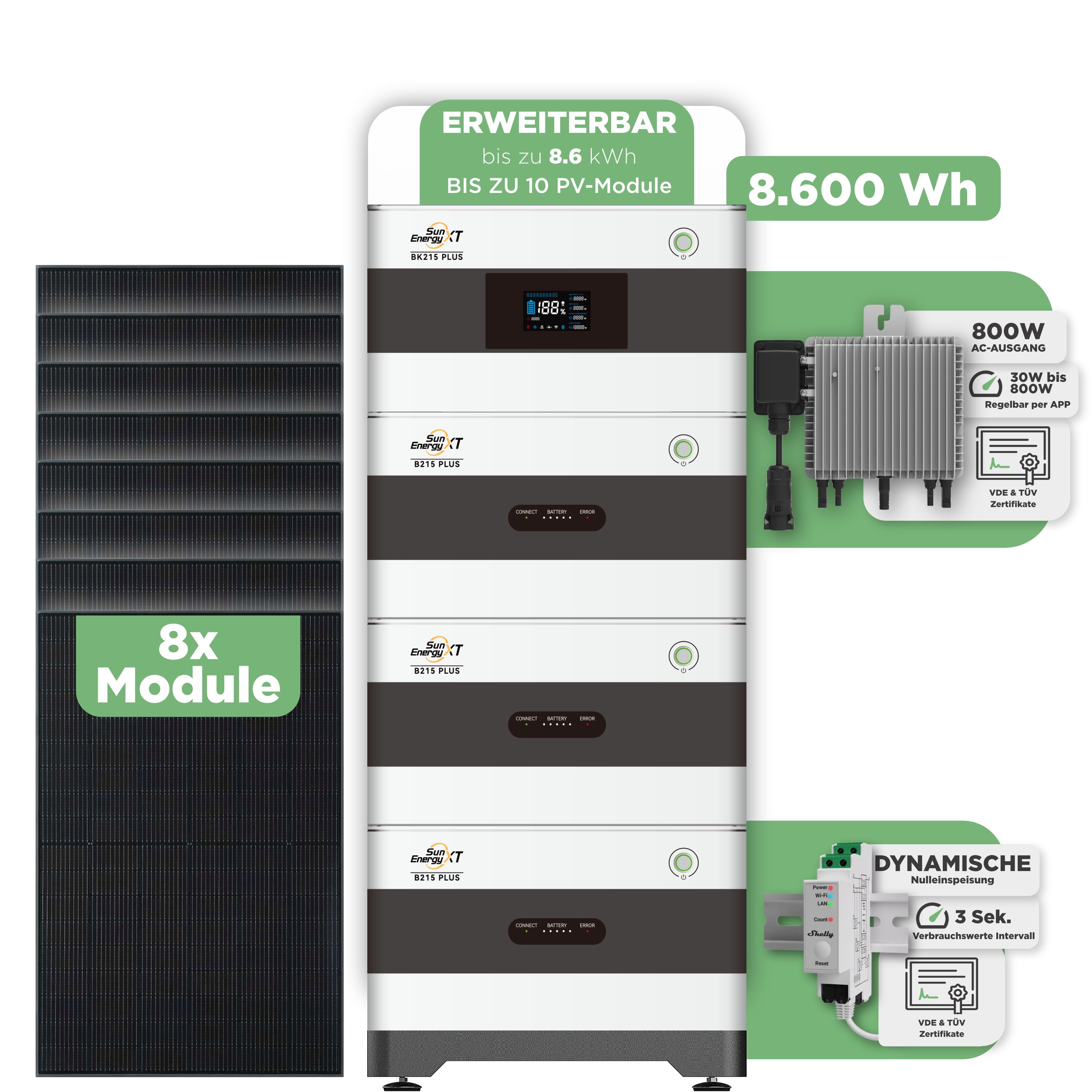 SunEnergyXT Balkonkraftwerkspeicher — 8.600 Wh / mit Shelly 3EM Pro / 800 W (Deye-SUN-M) / 8 x Trina 440 Wp Bifazial